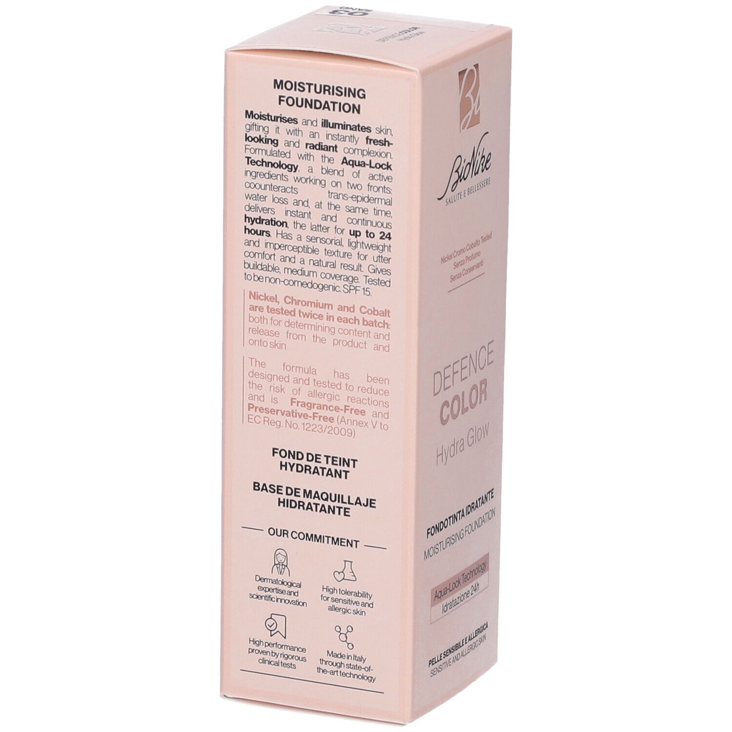 Retro confezione Bionike Defence Color Hydra Glow. Testo su idratazione, ingredienti e certificazioni. Marchio visibile.