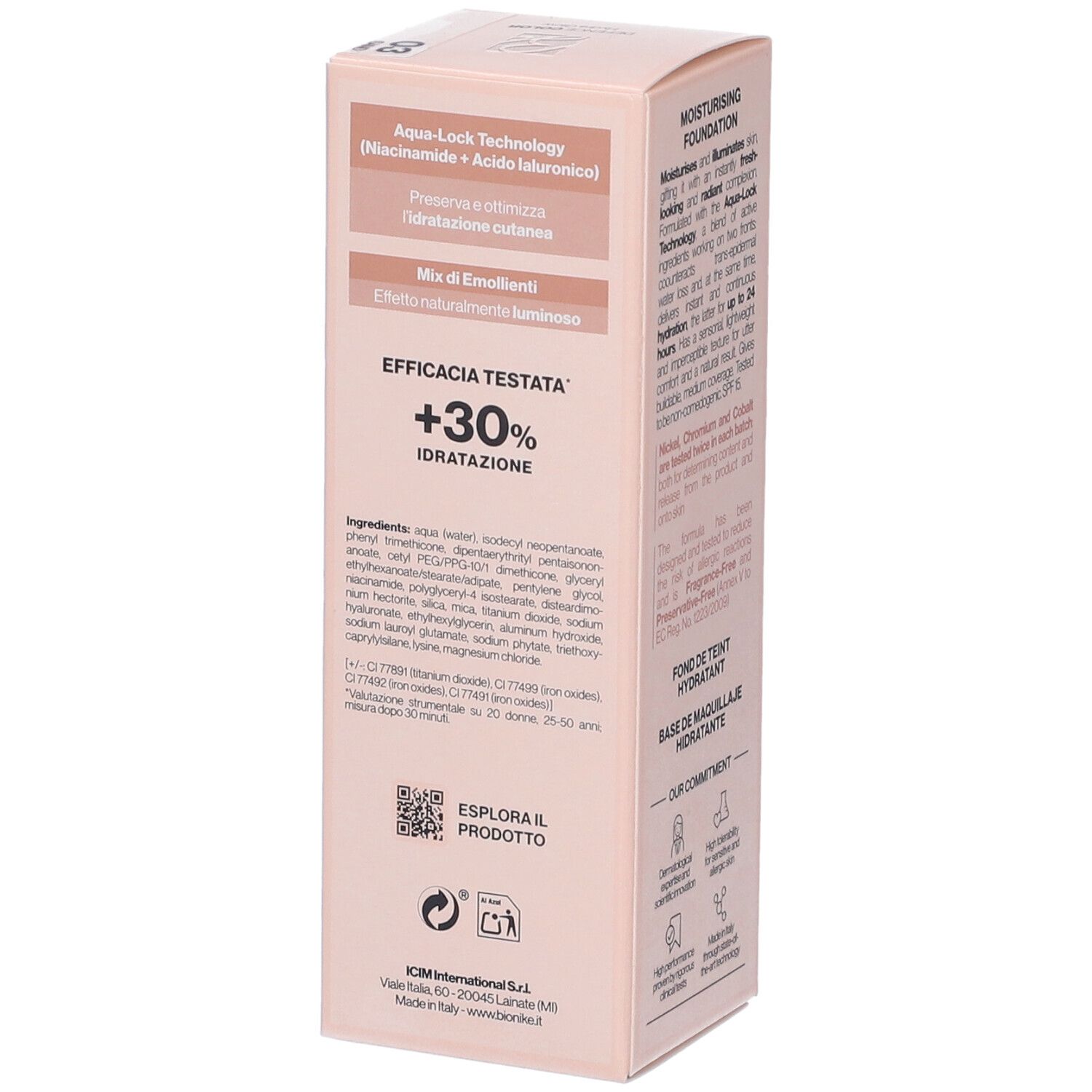 Confezione Bionike Defence Color Hydra Glow. Dettaglio ingredienti e indicazione '+30% Idratatione'.