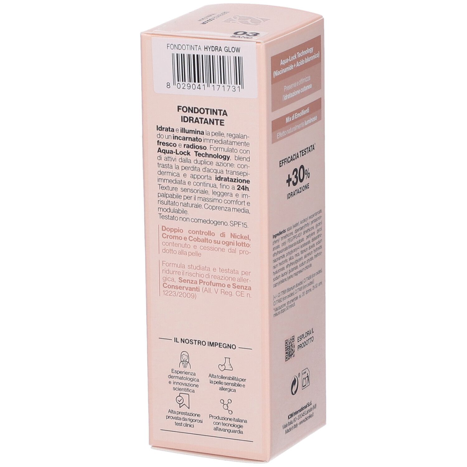 Confezione Bionike Defence Color Hydra Glow. Dettaglio con informazioni prodotto e codice a barre.