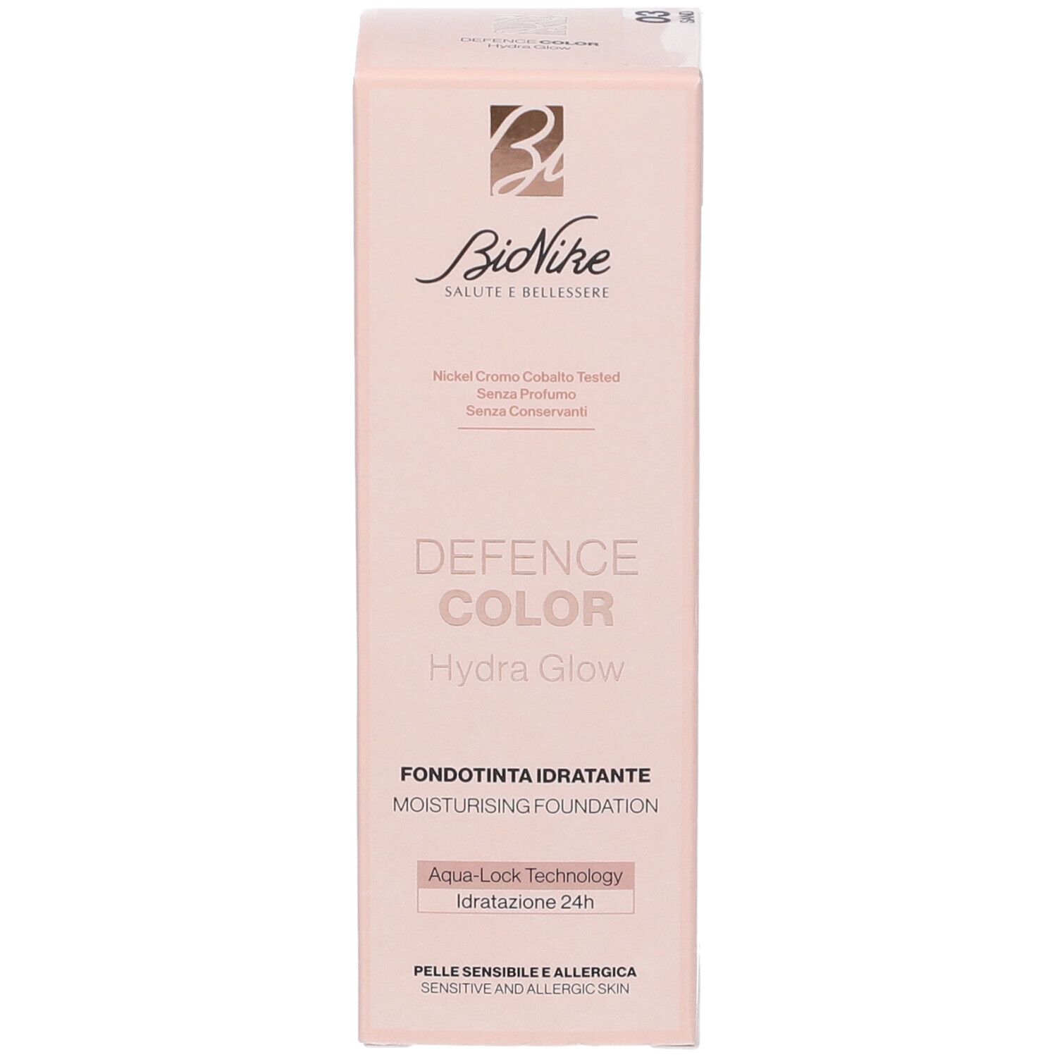 Fronte confezione Bionike Defence Color Hydra Glow. Marchio, nome prodotto e caratteristiche.