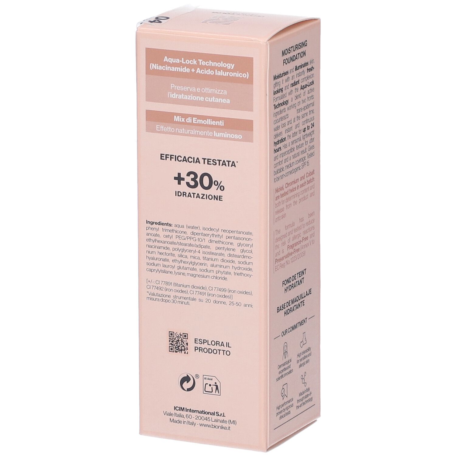 Confezione rosa con testo. Contiene testo: +30% Idratatione, Aqua-Lock Technology, Ingredienti, Explora il prodotto.