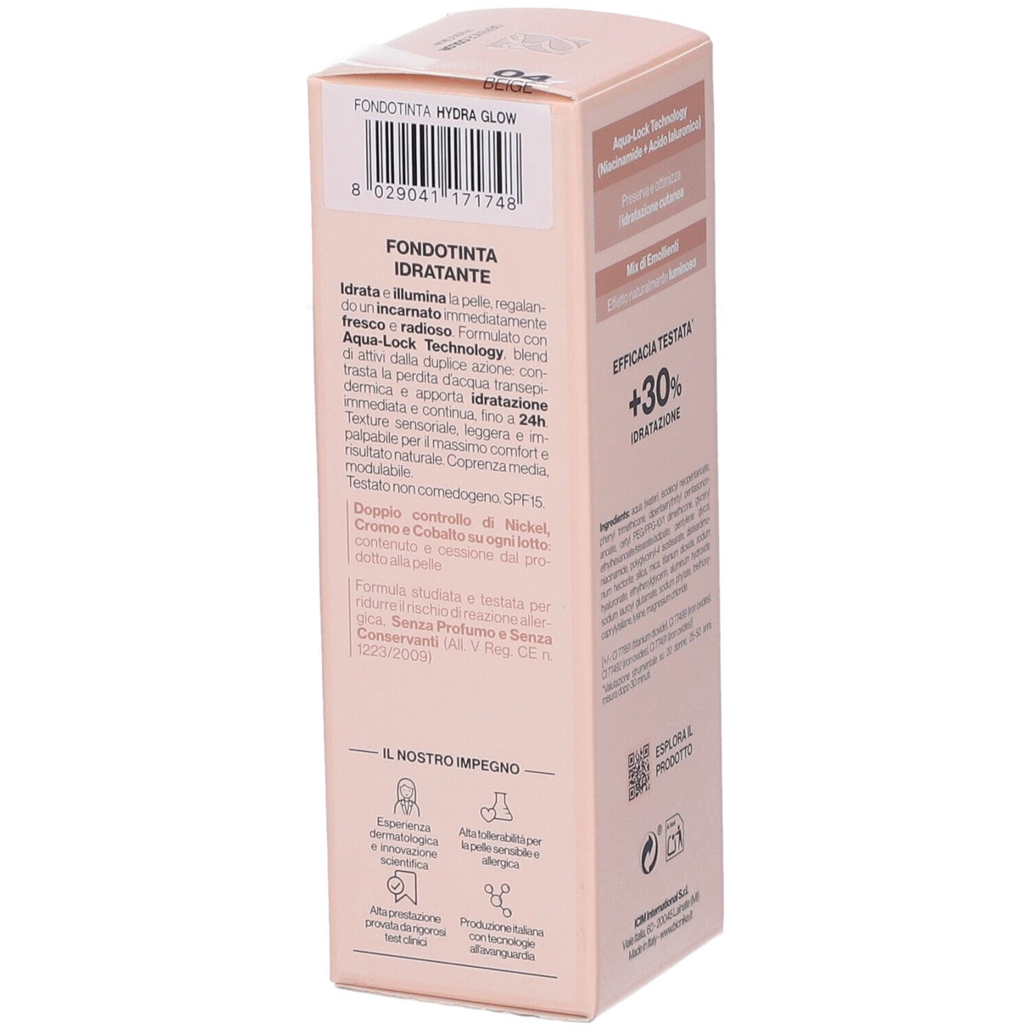 Confezione rosa con testo. Contiene testo: Fondotinta Idratante, Aqua Lock Technology, +30% Idratatione, codice a barre.