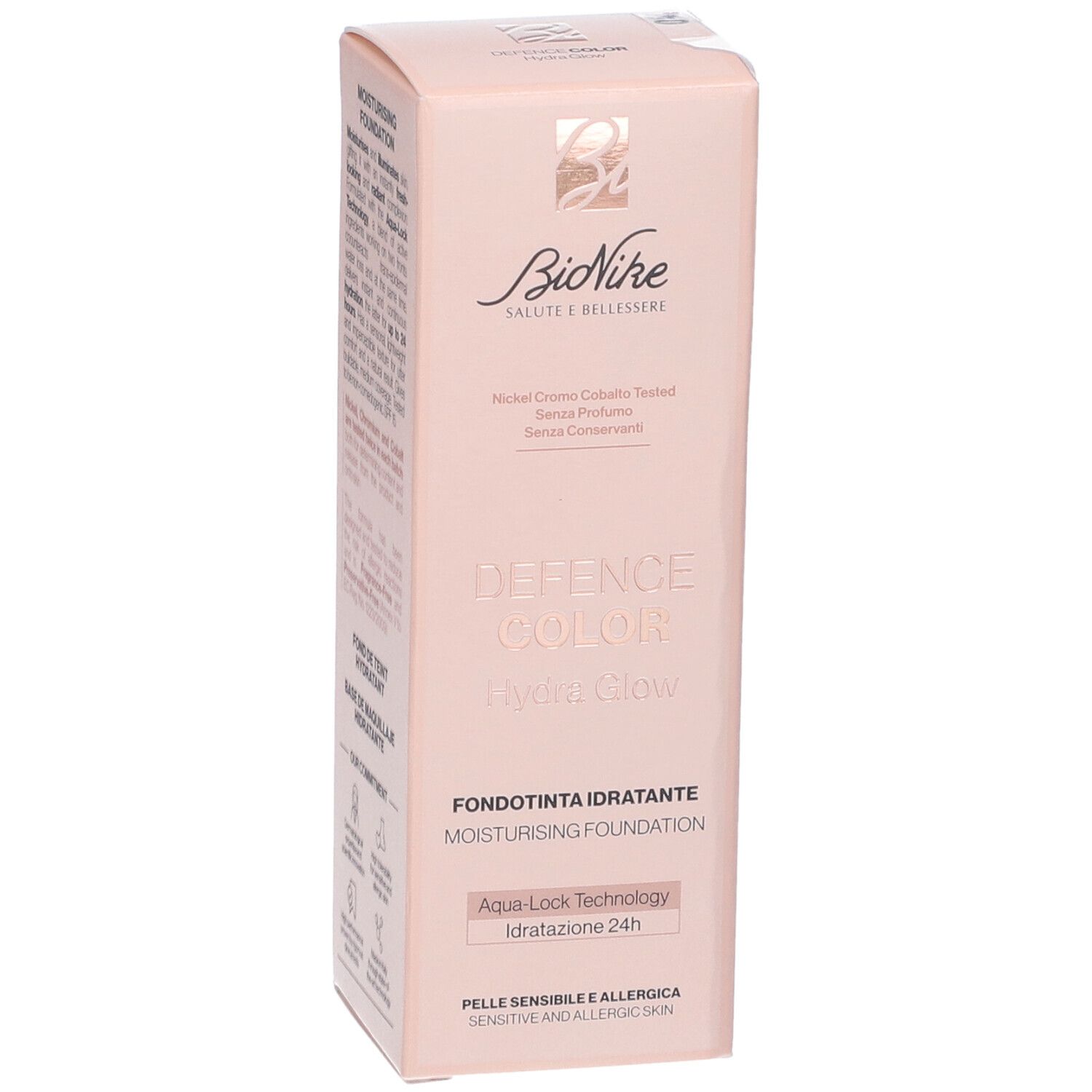 Confezione rosa con nome e logo del prodotto. Contiene testo: Defence Color Hydra Glow, Fondotinta Idratante, Aqua Lock Technology.
