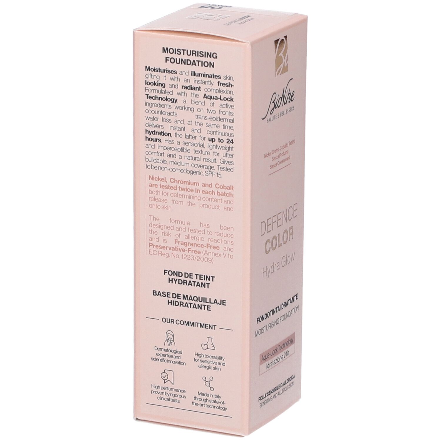 Retro confezione Bionike Defence Color Hydra Glow. Testo su idratazione, ingredienti e certificazioni.