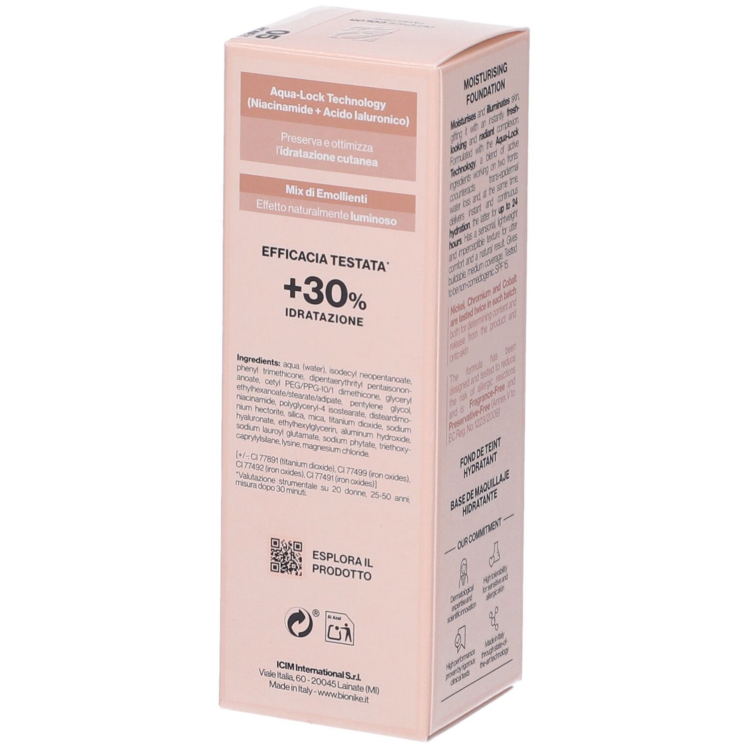 Lato confezione Bionike Defence Color Hydra Glow. Testo su ingredienti, efficacia ed estratti botanici.