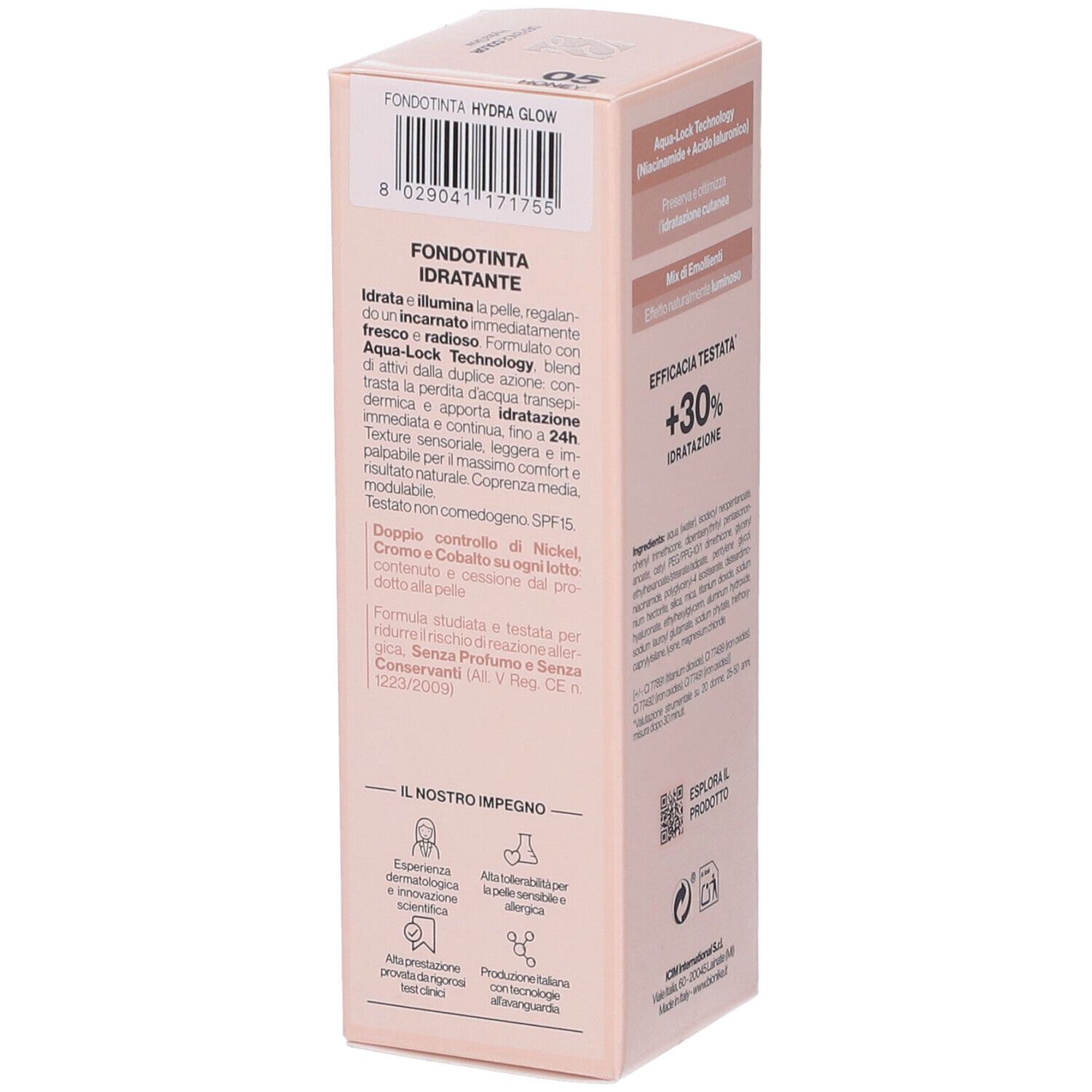 Lato confezione Bionike Defence Color Hydra Glow. Informazioni prodotto, codice a barre e indicazioni efficacia.