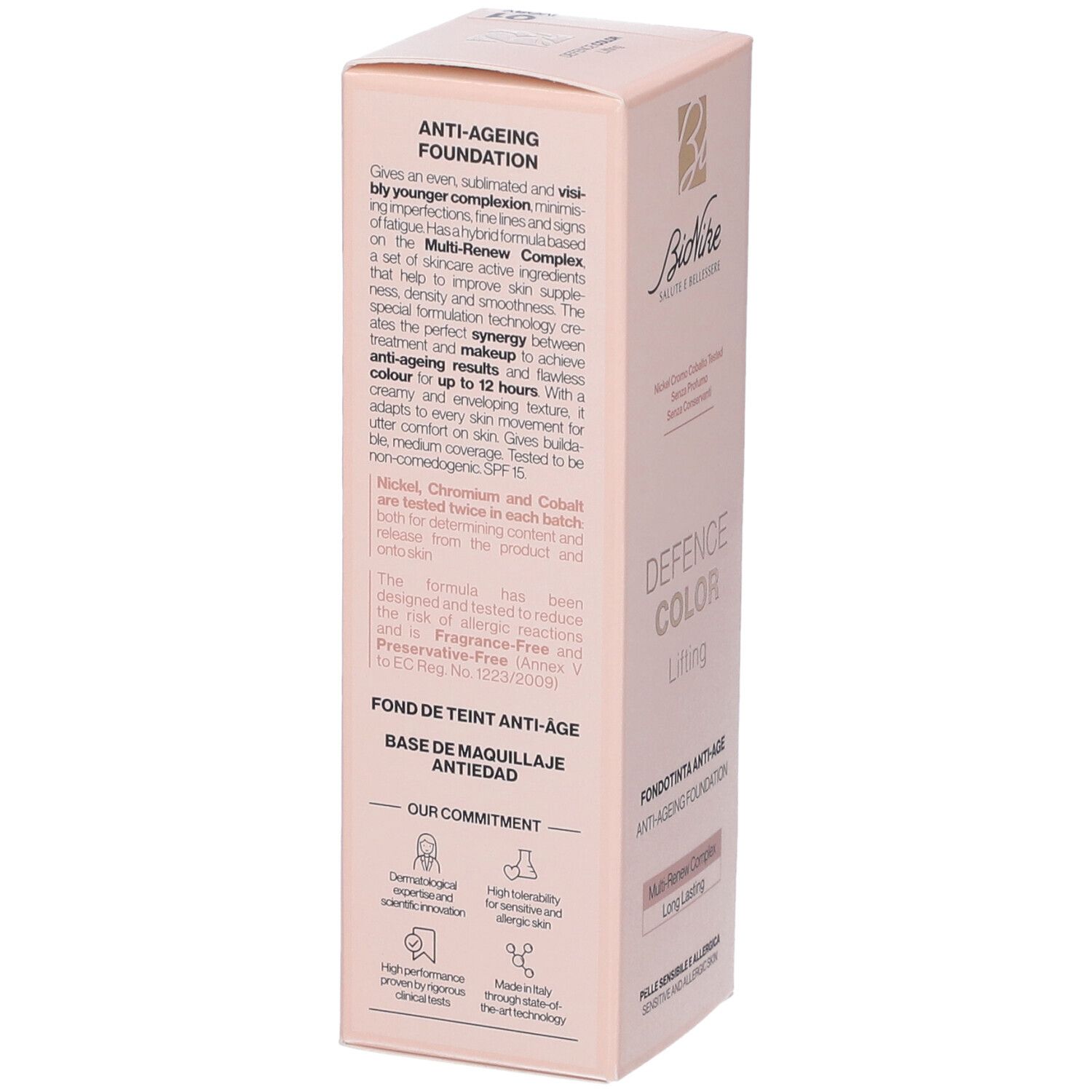 Scatola rosa, testo: Anti-Ageing Foundation, ingredienti, dermatologicamente testato, senza profumo, senza conservanti.