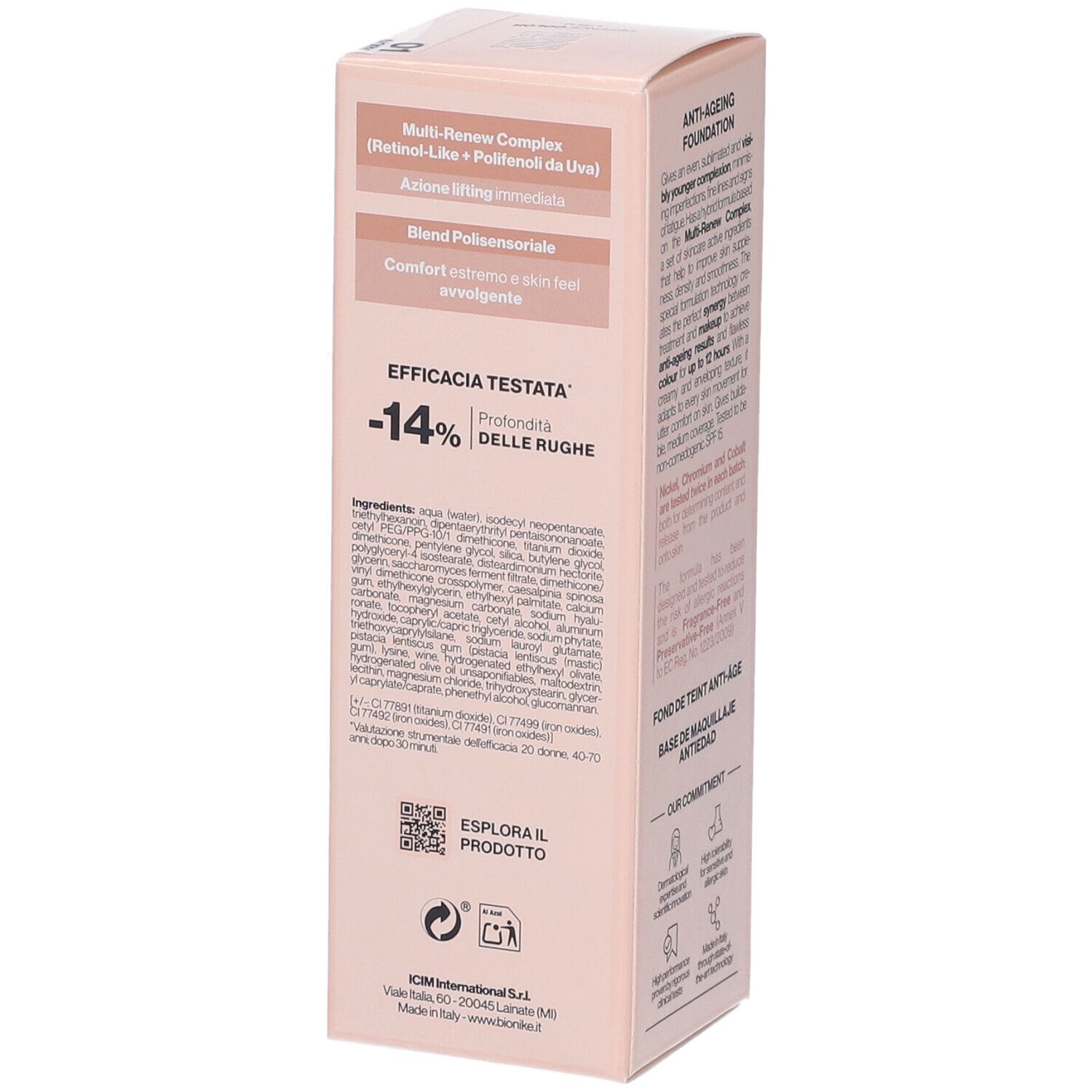 Scatola rosa, testo: Multi-Renew Complex, efficacia testata -14% rughe, ingredienti, codice QR.