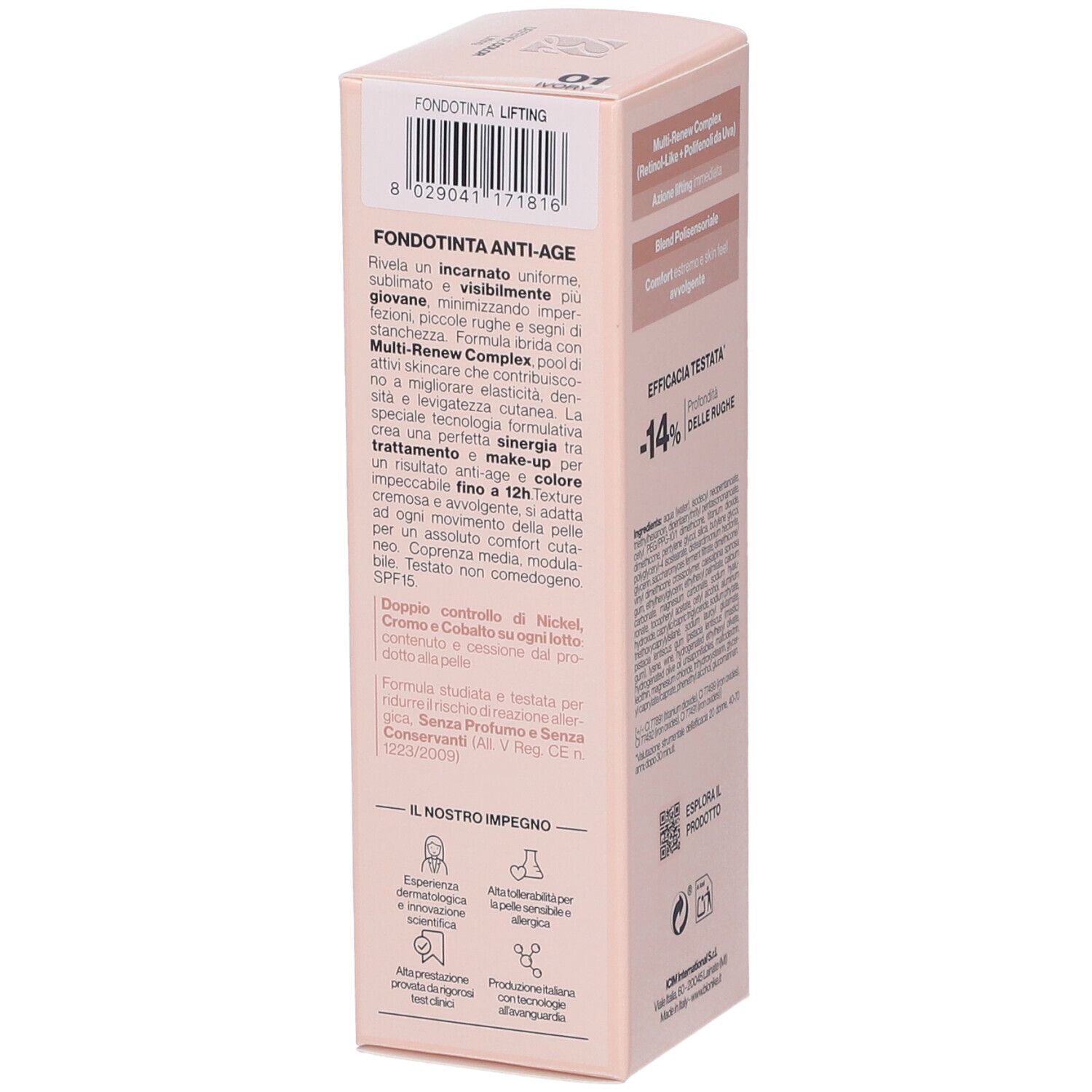 Scatola rosa, testo: Fondotinta Anti-Age, Multi-Renew Complex, dermatologicamente testato, senza nichel.