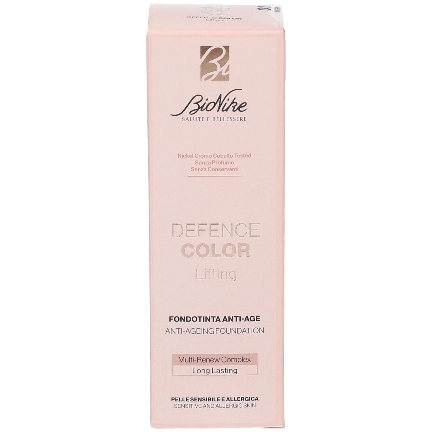 Confezione rosa con logo e nome prodotto. Testo: Defence Color Lifting, Fondotinta Anti-Age, Multi-Renew Complex.