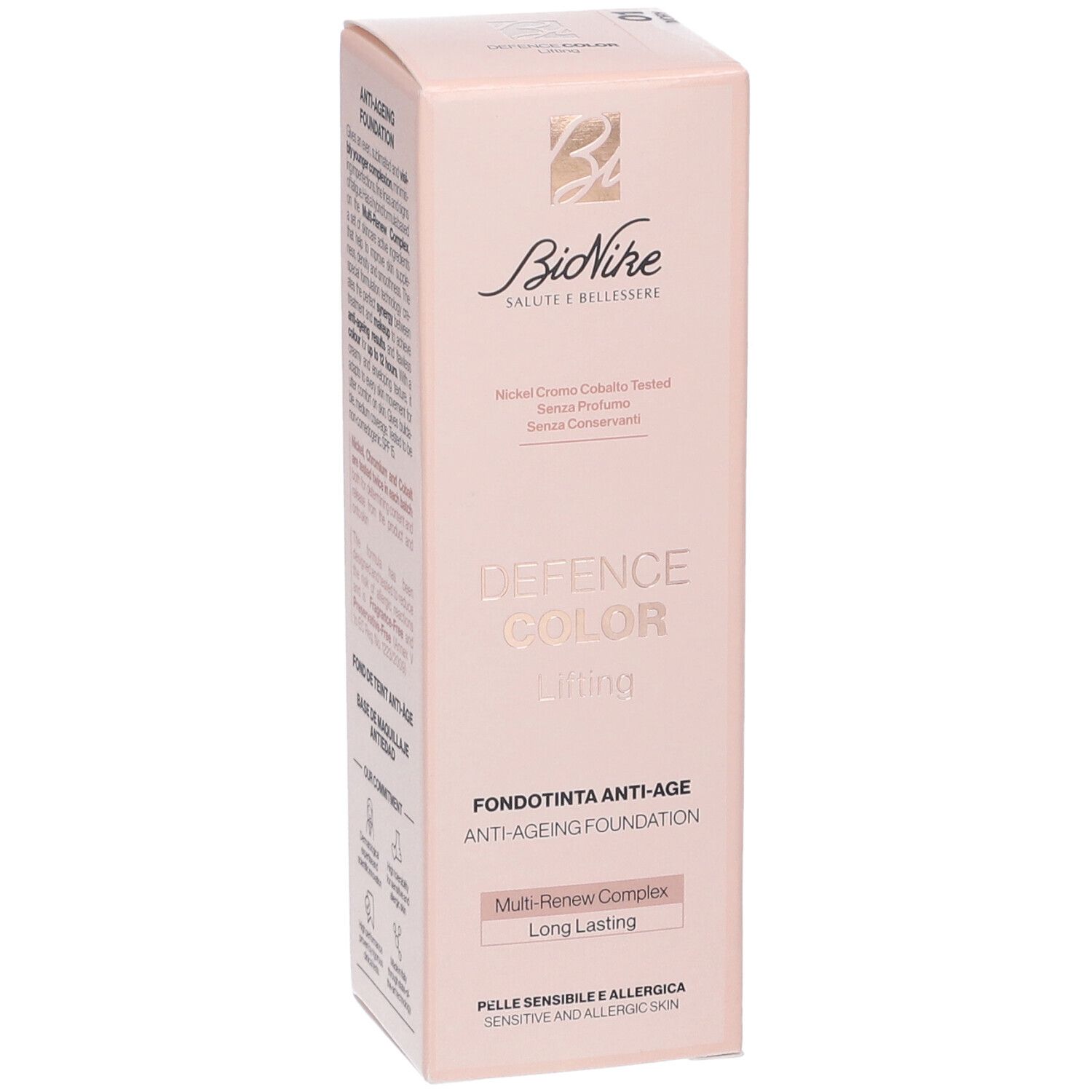 Confezione rosa con logo e nome prodotto. Testo: Defence Color Lifting, Fondotinta Anti-Age, Multi-Renew Complex.