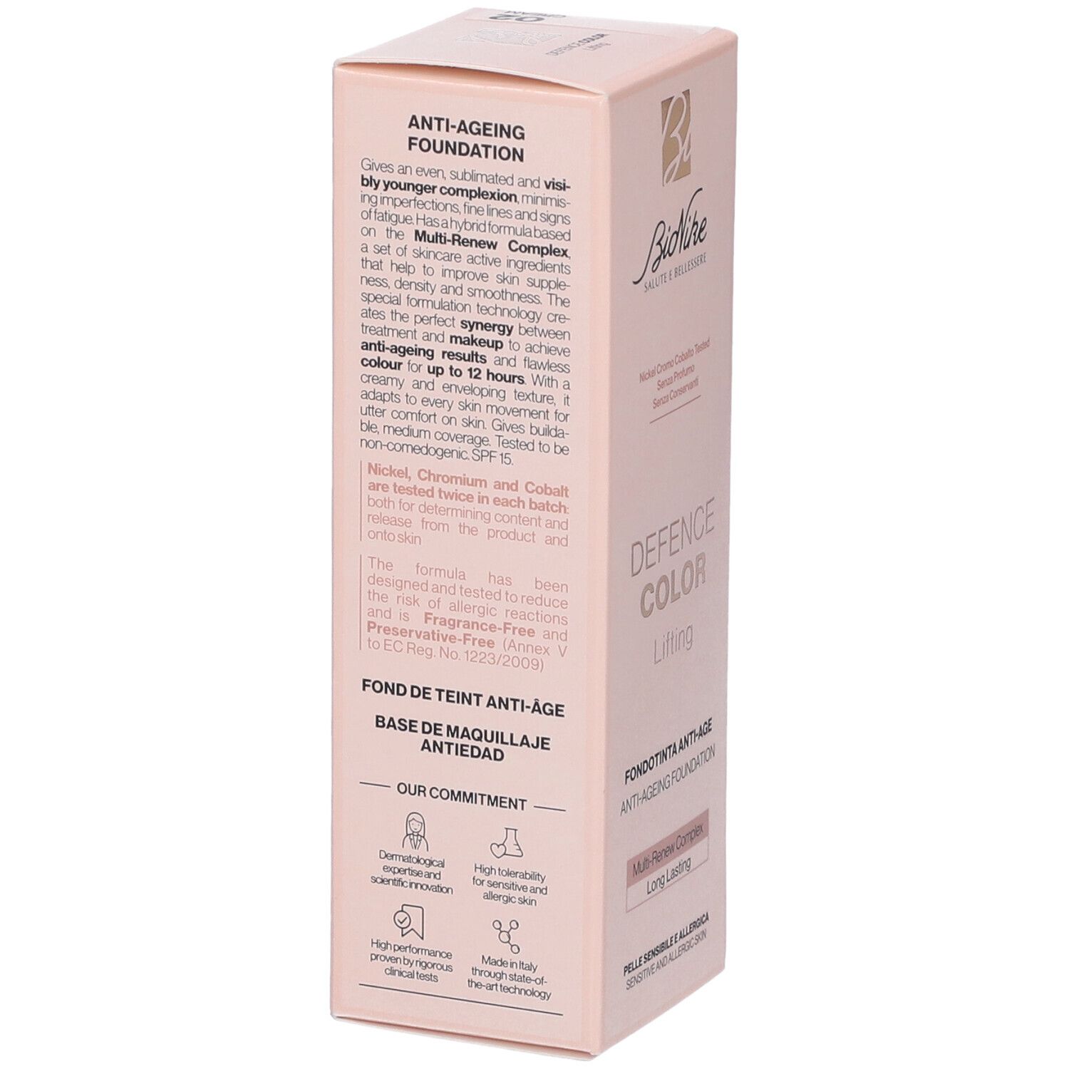 Confezione per fondotinta anti-età "Defence Color Lifting" con informazioni sul prodotto e logo del marchio.