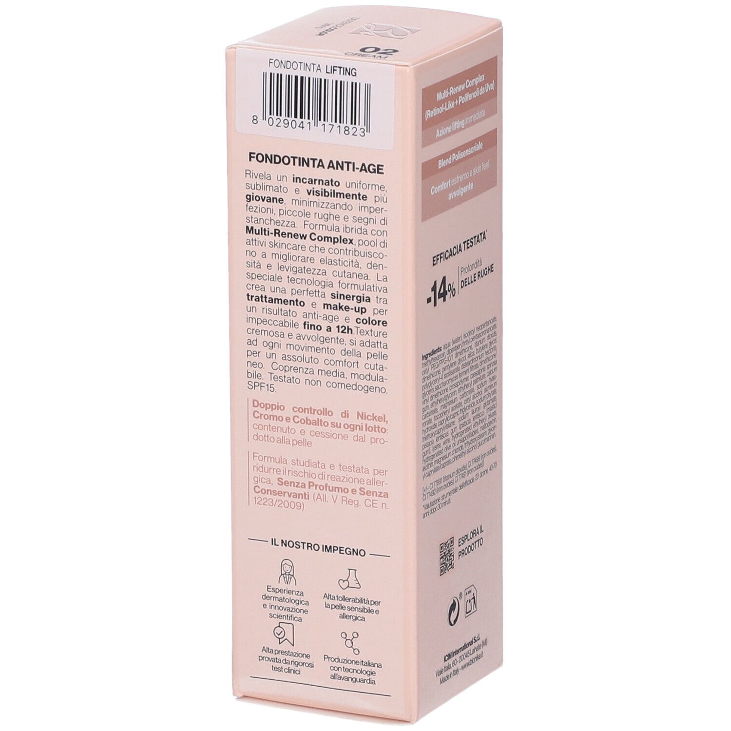 Confezione per "Fondotinta Anti-Age Lifting" con informazioni sul prodotto e codice a barre.