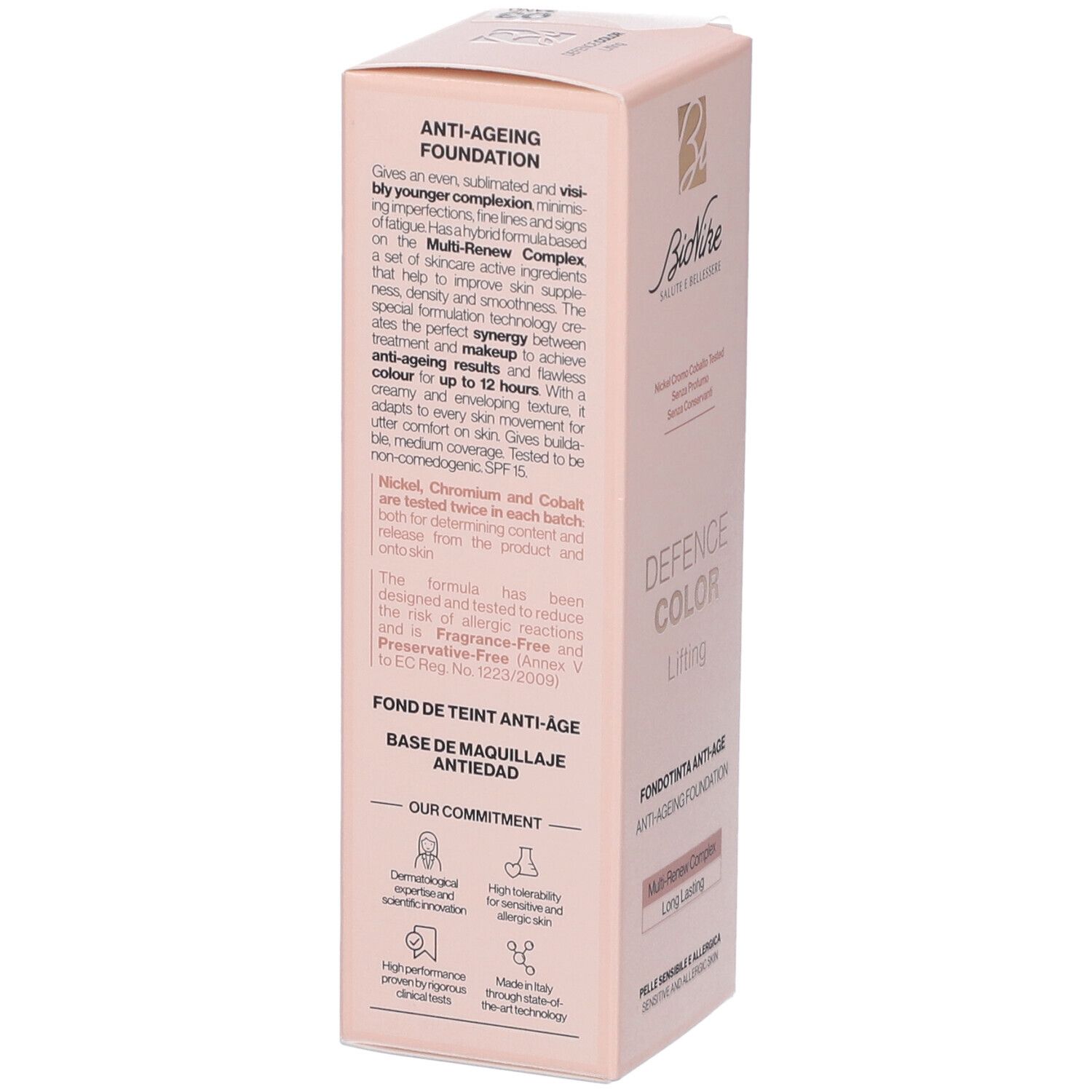 Retro della confezione Bionike Defence Color Lifting Anti-Age. Testo e informazioni sul prodotto.