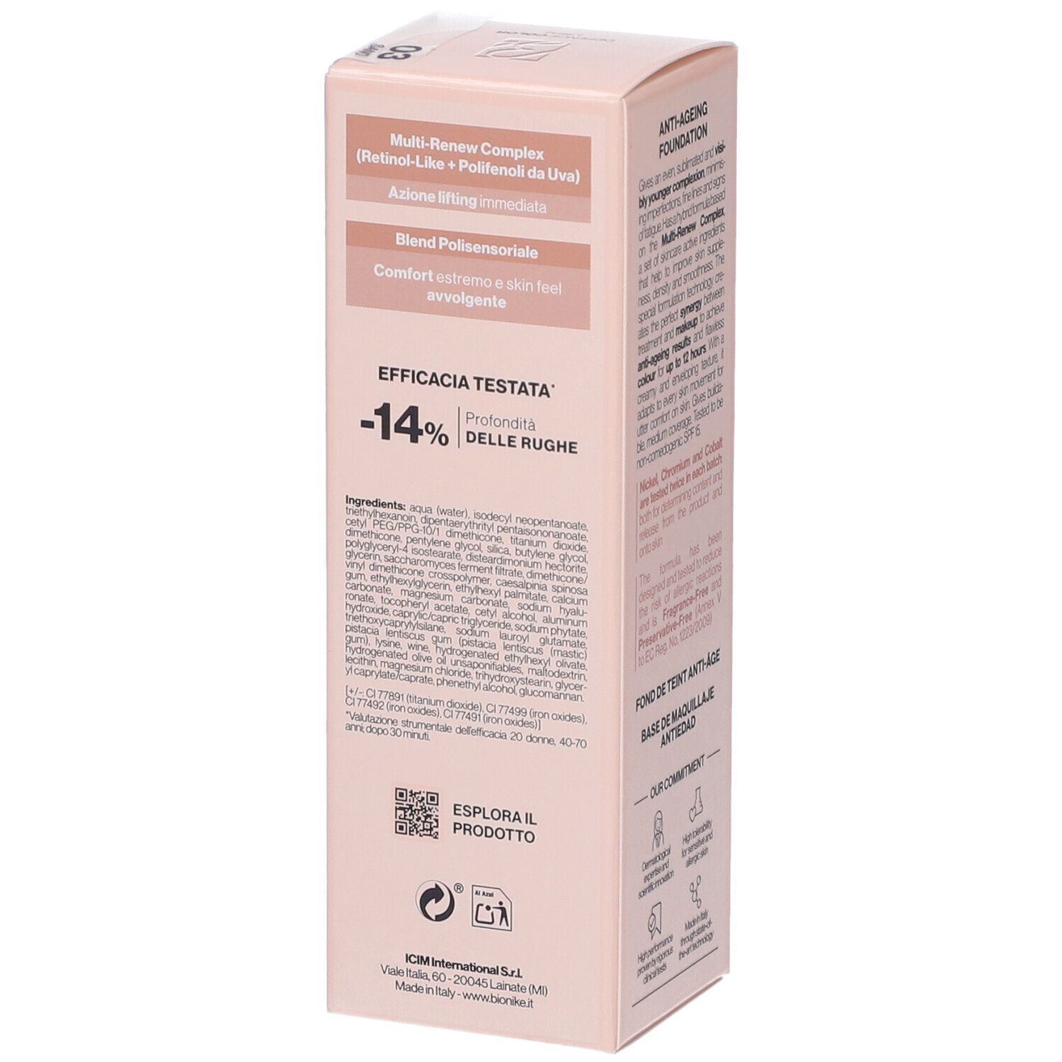 Confezione Bionike Defence Color Lifting Anti-Age. Vista dettagliata con testo e ingredienti.