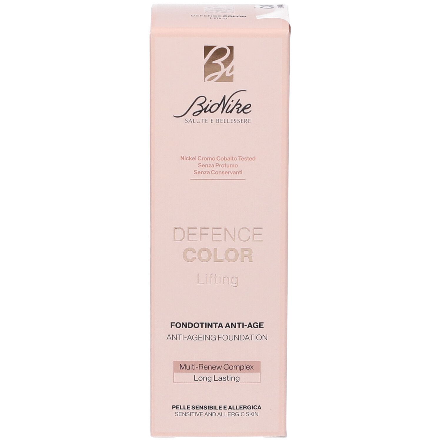 Bionike Defence Color Lifting Fondotinta Anti-Age. Confezione rosa con informazioni e logo del prodotto.