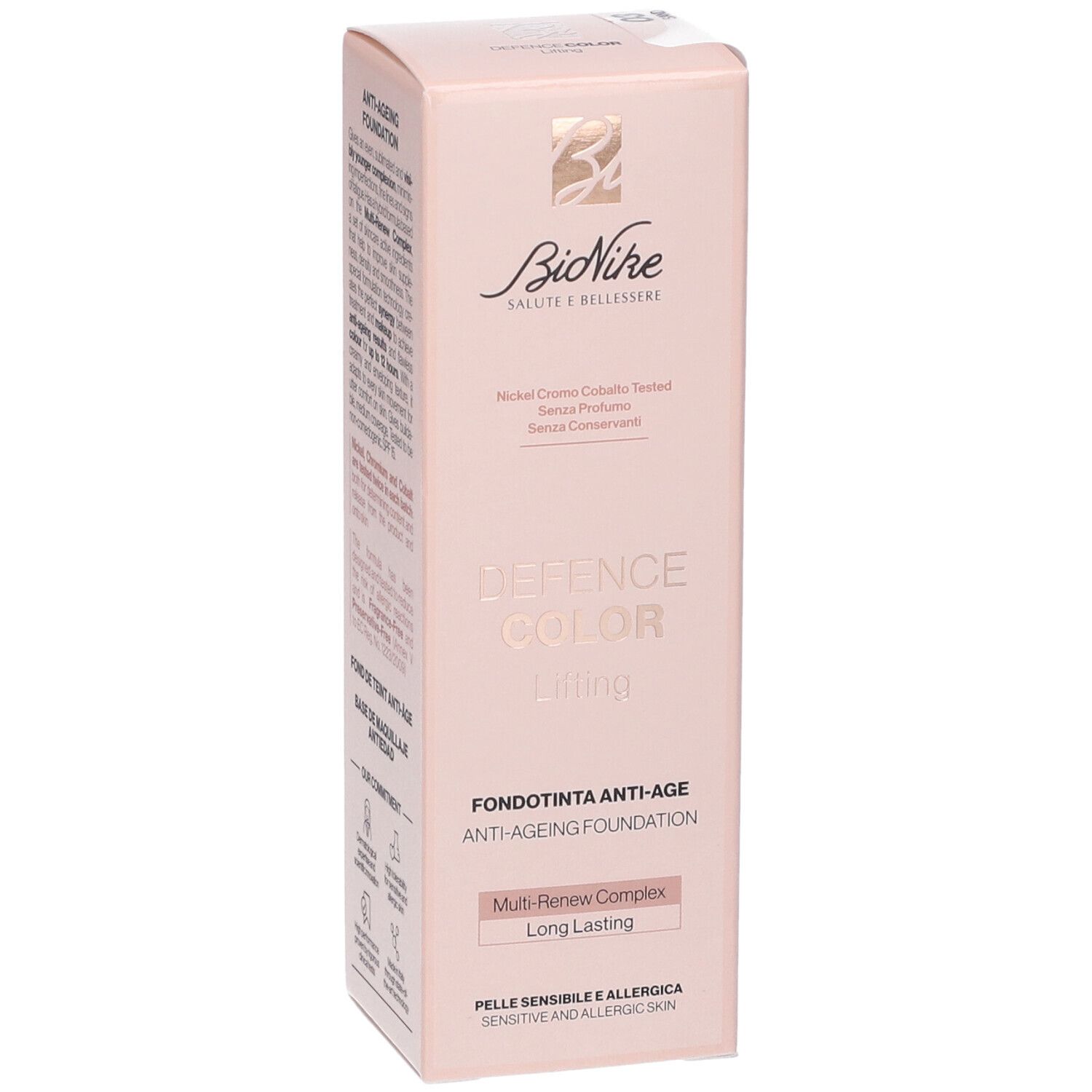 Bionike Defence Color Lifting Fondotinta Anti-Age. Confezione rosa con informazioni e logo del prodotto.