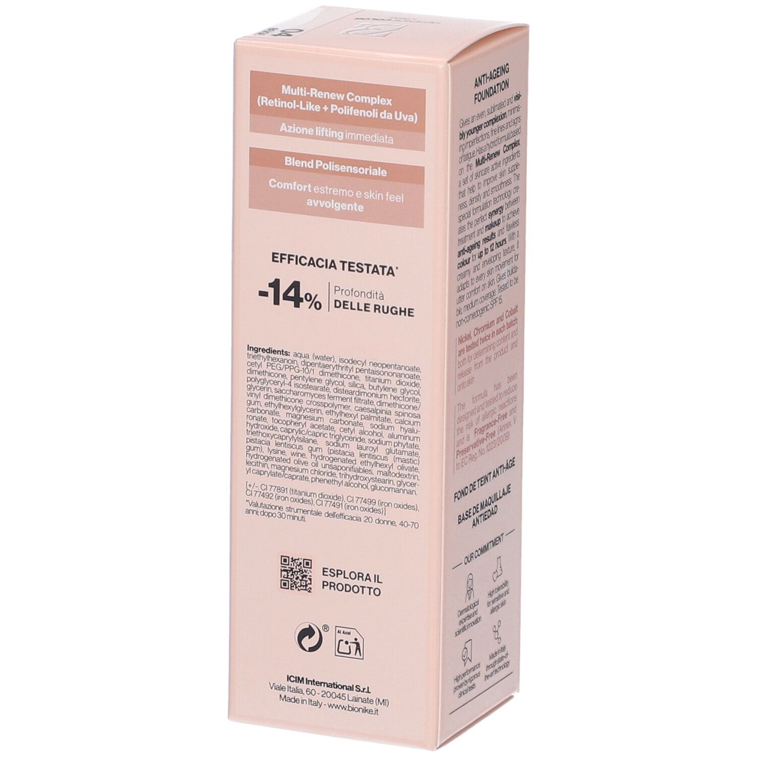 Lato della confezione Bionike Defence Color Lifting Fondotinta. Scatola rosa con testo in italiano. Contiene ingredienti e informazioni.