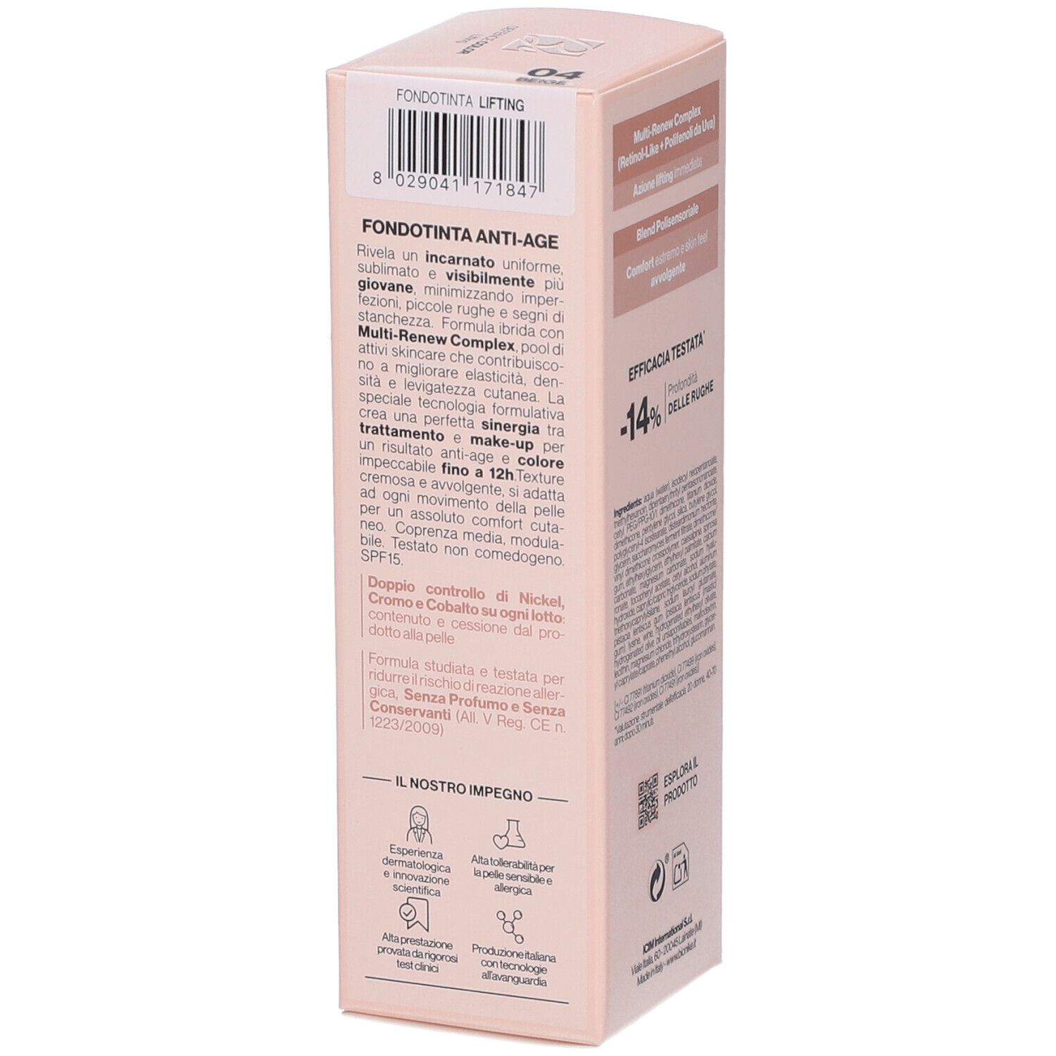 Lato della confezione Bionike Defence Color Lifting Fondotinta. Scatola rosa con testo in italiano. Contiene informazioni sul prodotto.