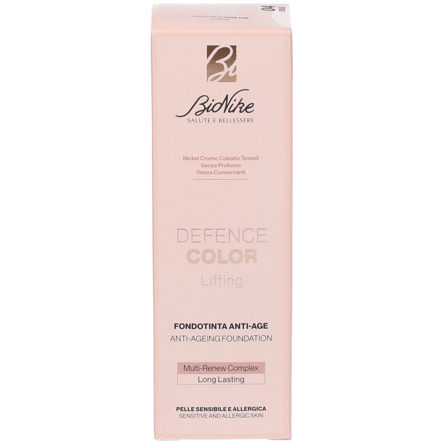 Fronte della confezione Bionike Defence Color Lifting Fondotinta. Scatola rosa con nome e logo del prodotto. Contiene testo in italiano.