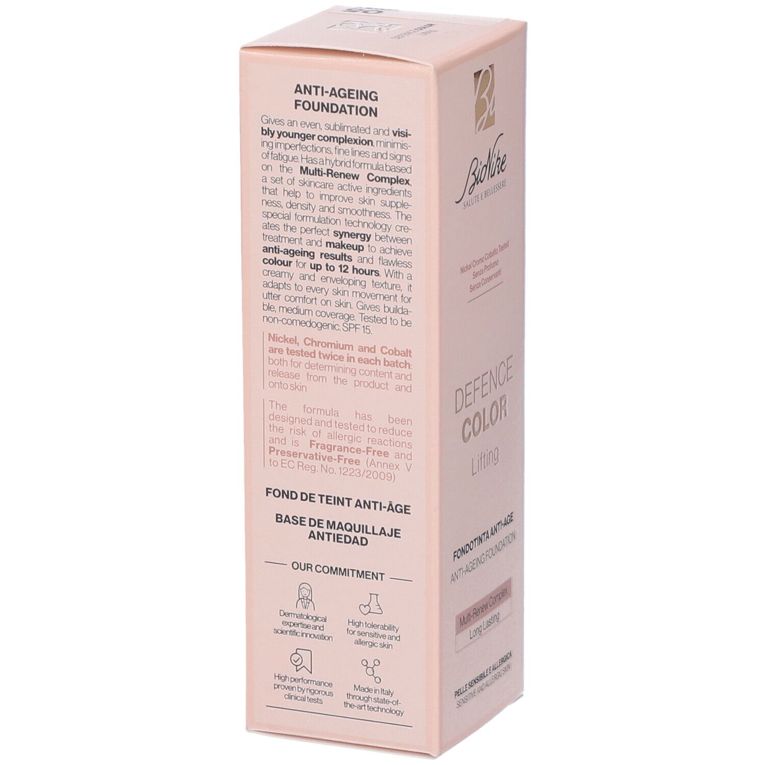 Retro confezione Bionike Defence Color Lifting Fondotinta Anti Age. Testo sull'effetto anti-età.