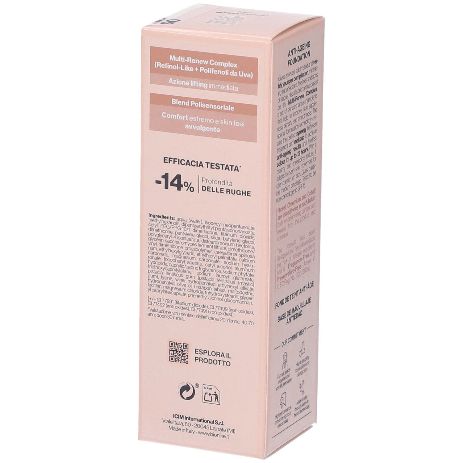 Lato confezione Bionike Defence Color Lifting Fondotinta Anti Age. Testo e ingredienti.