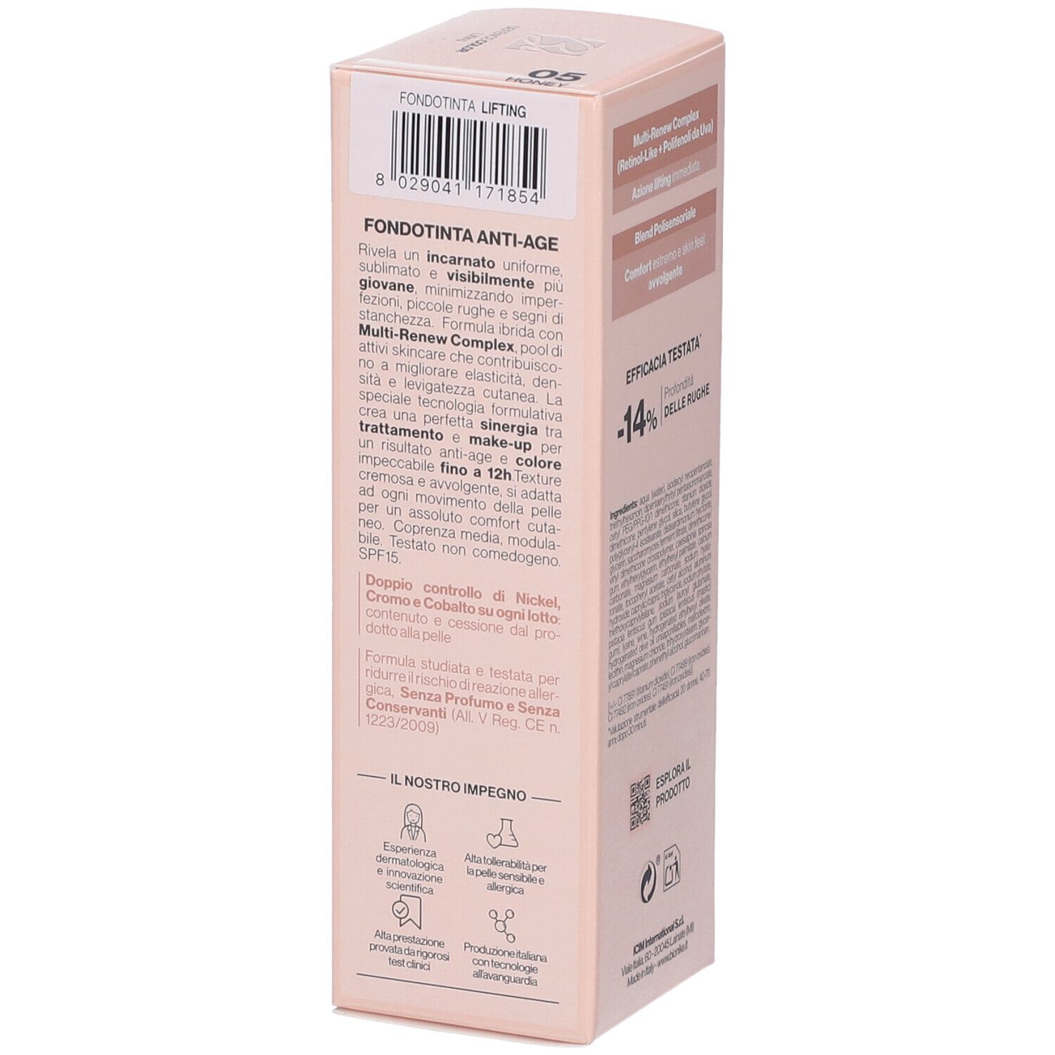 Lato confezione Bionike Defence Color Lifting Fondotinta Anti Age. Testo e codice a barre.