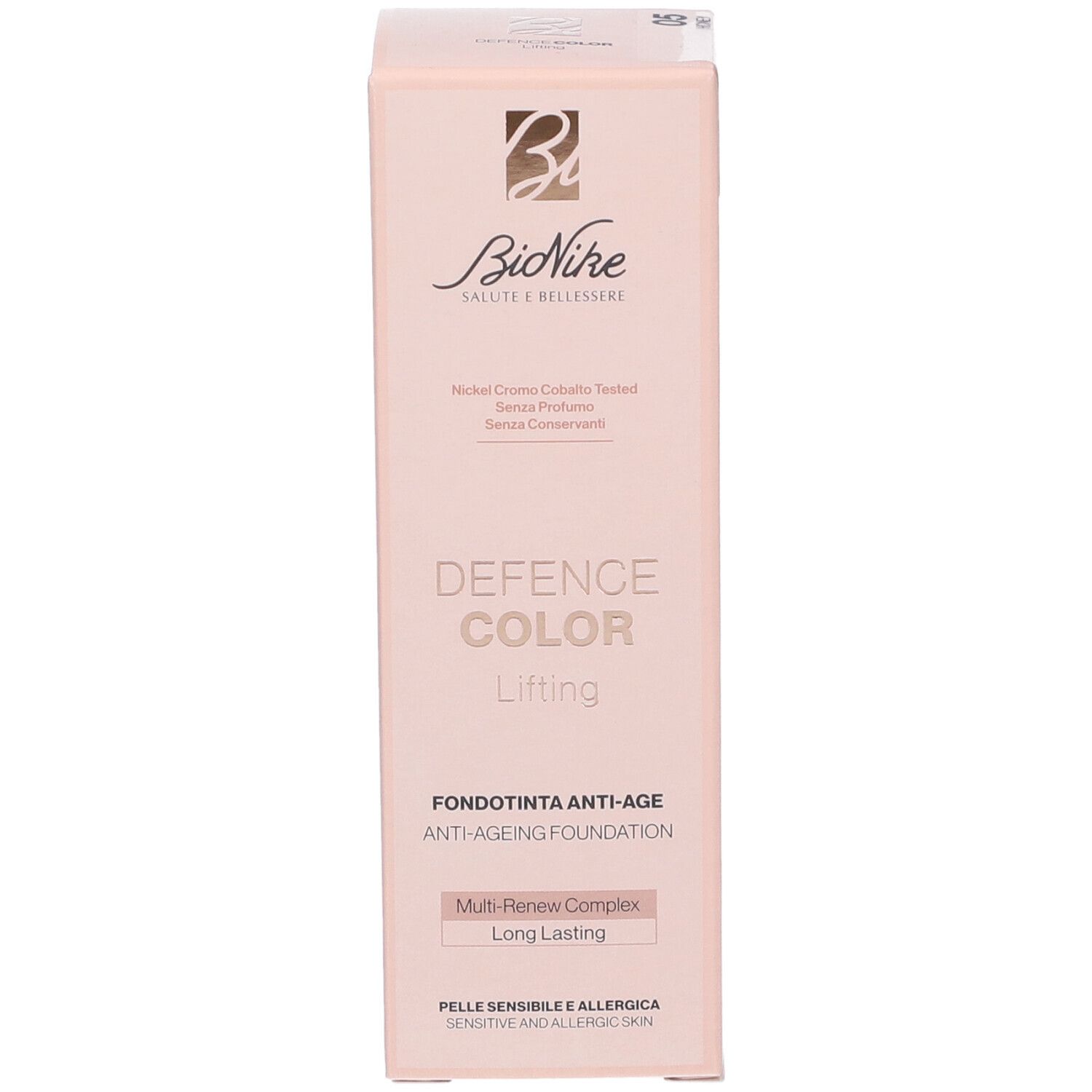 Bionike Defence Color Lifting Fondotinta Anti Age. Confezione rosa con informazioni sul prodotto.