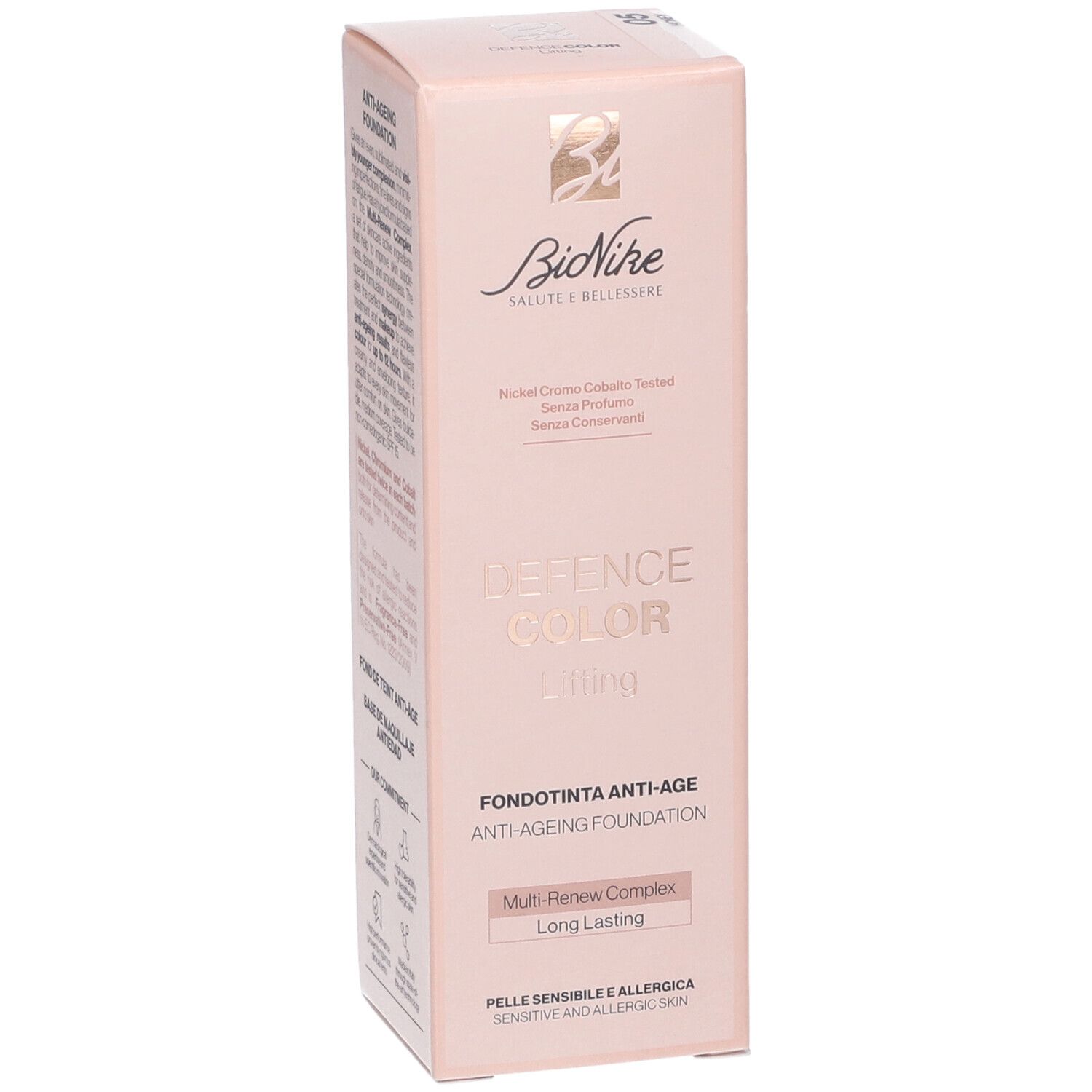 Bionike Defence Color Lifting Fondotinta Anti Age. Confezione rosa con informazioni sul prodotto.