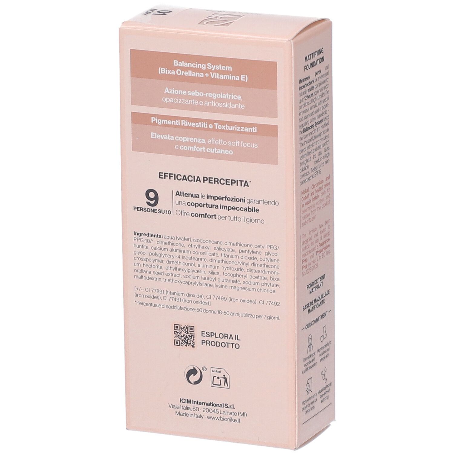 Bionike Defence Color Mat Velvet Fondotinta Opacizzante 01 Ivory. Confezione rosa. Testo con ingredienti e informazioni.