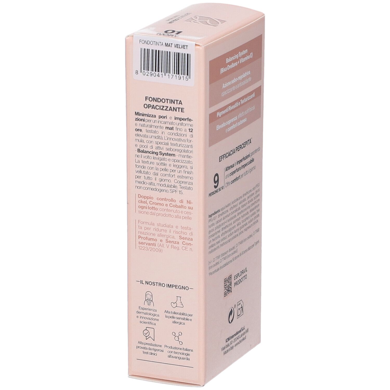 Bionike Defence Color Mat Velvet Fondotinta Opacizzante 01 Ivory. Confezione rosa. Informazioni sul prodotto e codice QR.