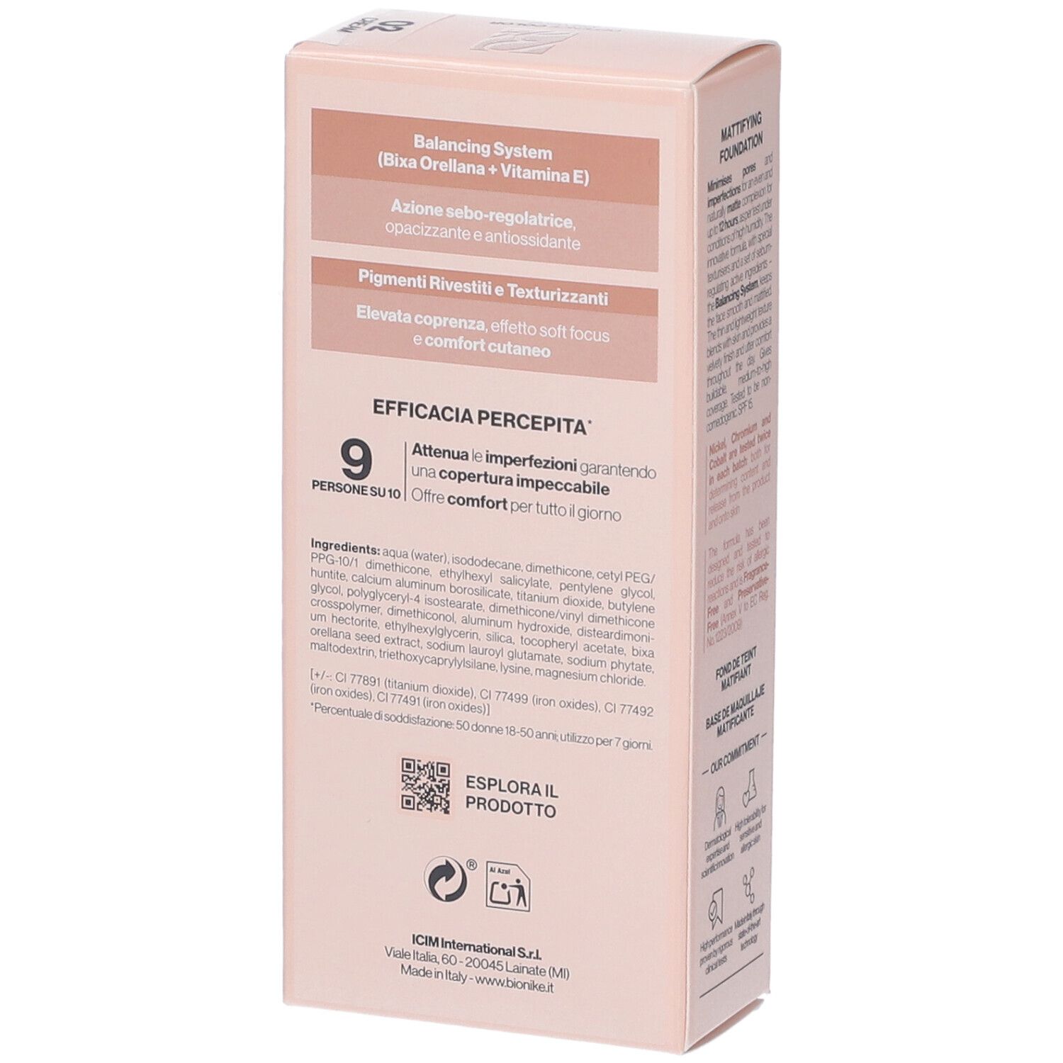 Bionike Defence Color Mat Velvet Fondotinta Opacizzante. Confezione rosa. Testo su ingredienti e proprietà.