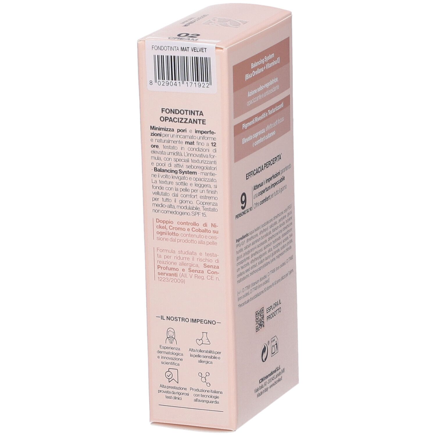 Bionike Defence Color Mat Velvet Fondotinta Opacizzante 02 Cream. Confezione rosa. Testo su proprietà e utilizzo.