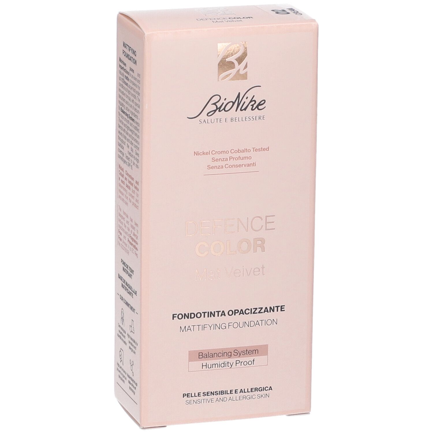 Bionike Defence Color Mat Velvet Fondotinta Opacizzante. Confezione rosa. Marchio e nome del prodotto.