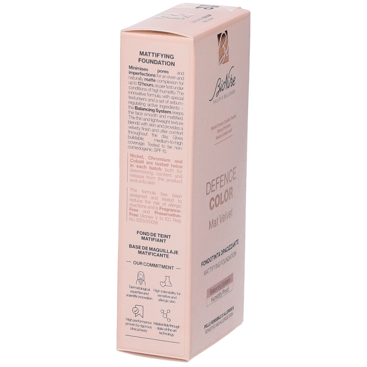 Scatola Bionike Defence Color Mat Velvet Fondotinta Opacizzante. Testo sul lato, scatola rosa.