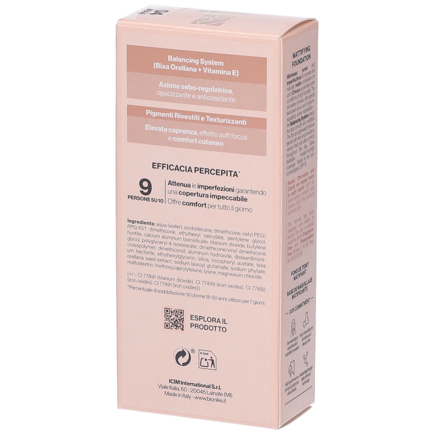 Scatola Bionike Defence Color Mat Velvet Fondotinta Opacizzante. Retro con ingredienti e testo.