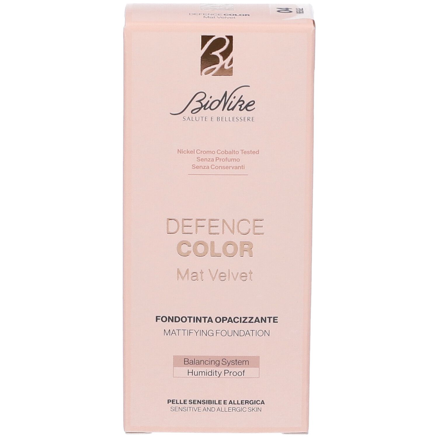 Scatola Bionike Defence Color Mat Velvet Fondotinta Opacizzante. Vista frontale, scatola rosa.