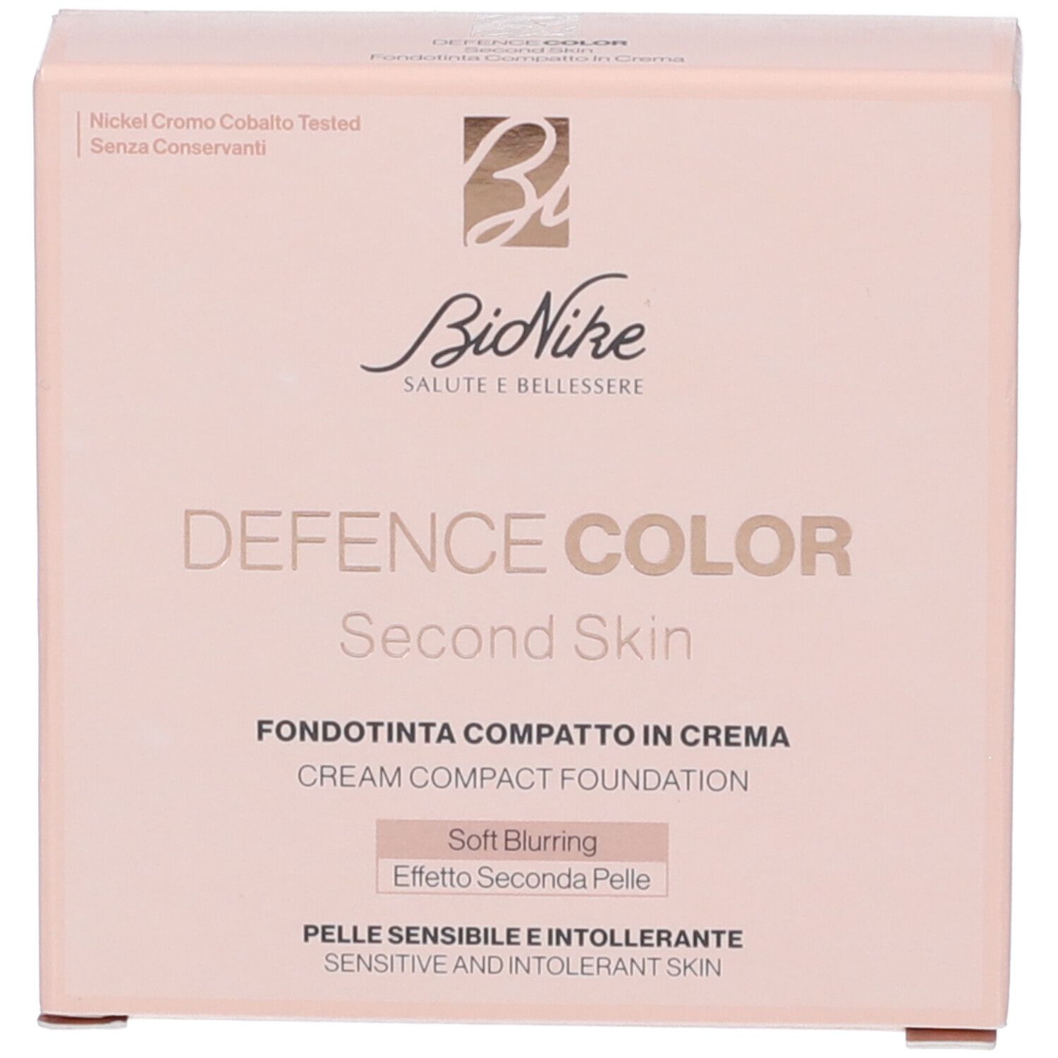 Confezione fondotinta compatto in crema BioNike Defence Color Second Skin. Testato Nichel, Cromo, Cobalto. Senza conservanti.