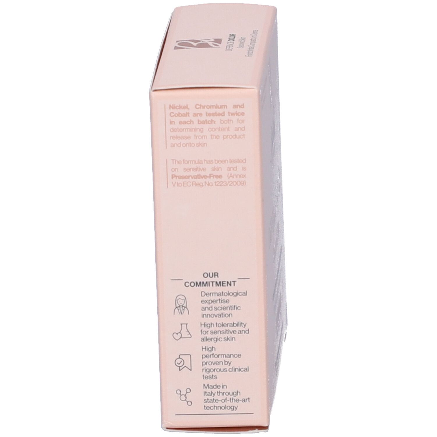 Confezione con testo su competenza dermatologica, tollerabilità e origine.