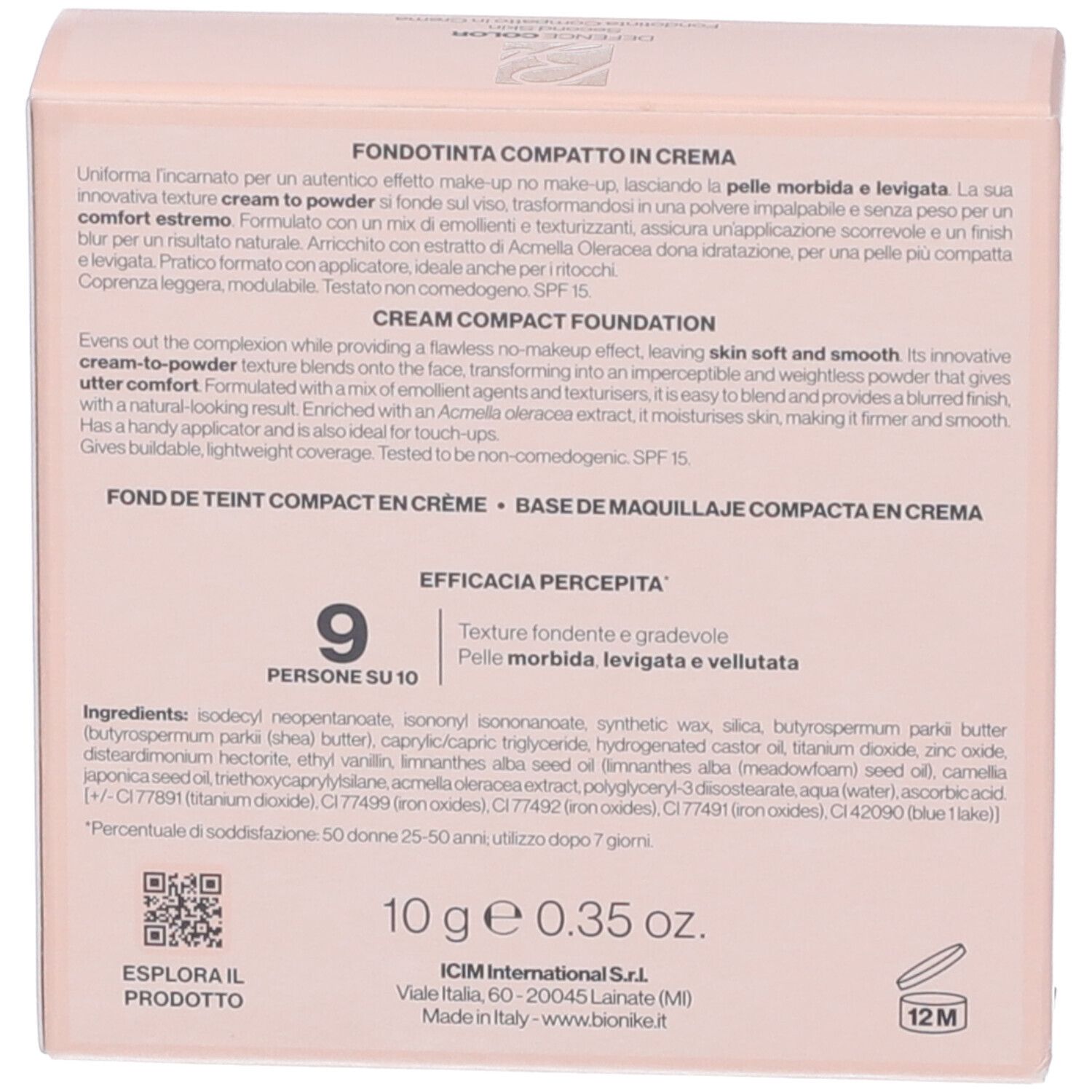 Confezione di fondotinta compatto in crema con informazioni sul prodotto e ingredienti.