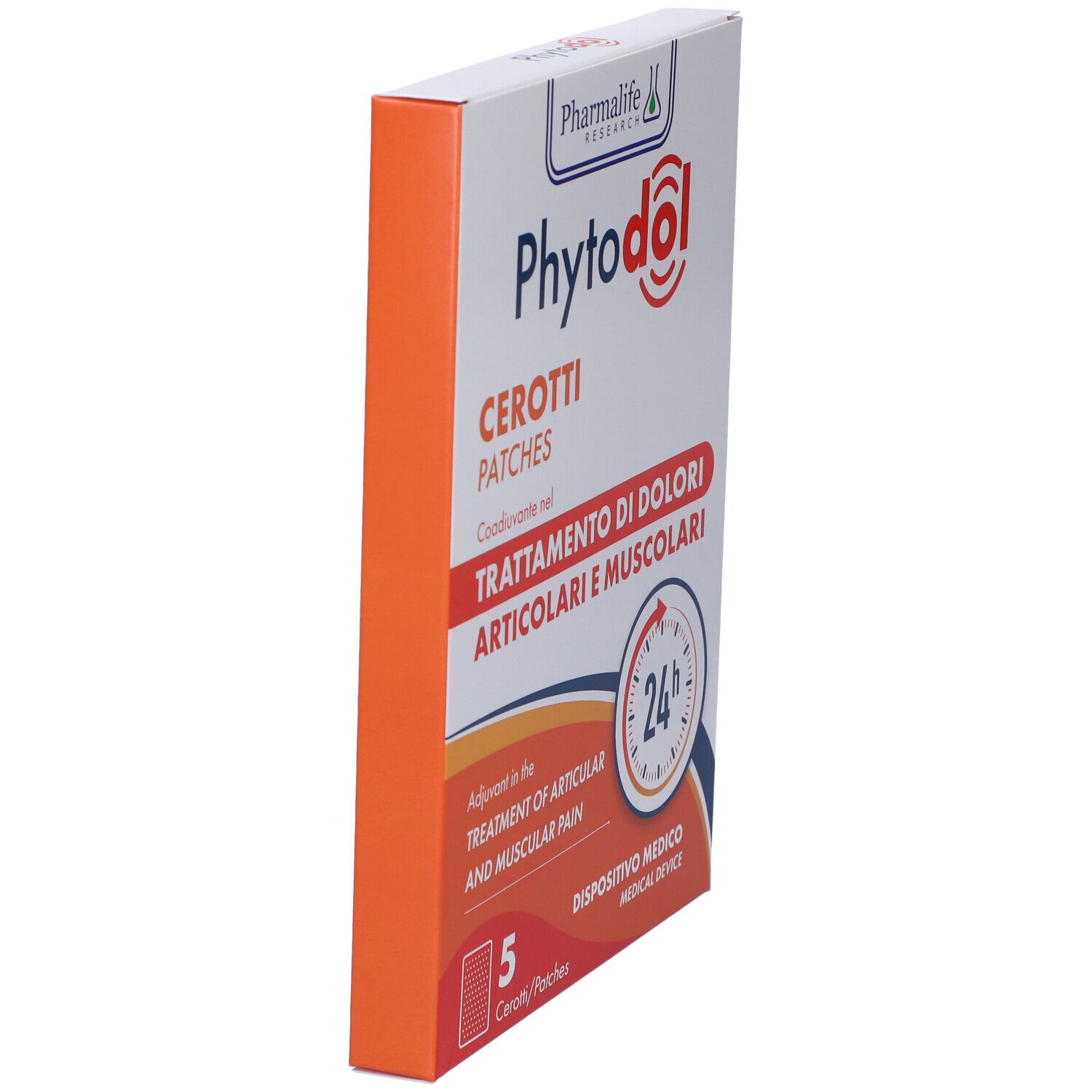 Confezione di cerotti PHYTODOL CEROTTI in prospettiva. Scritta: Trattamento dolori articolari e muscolari. 5 cerotti.