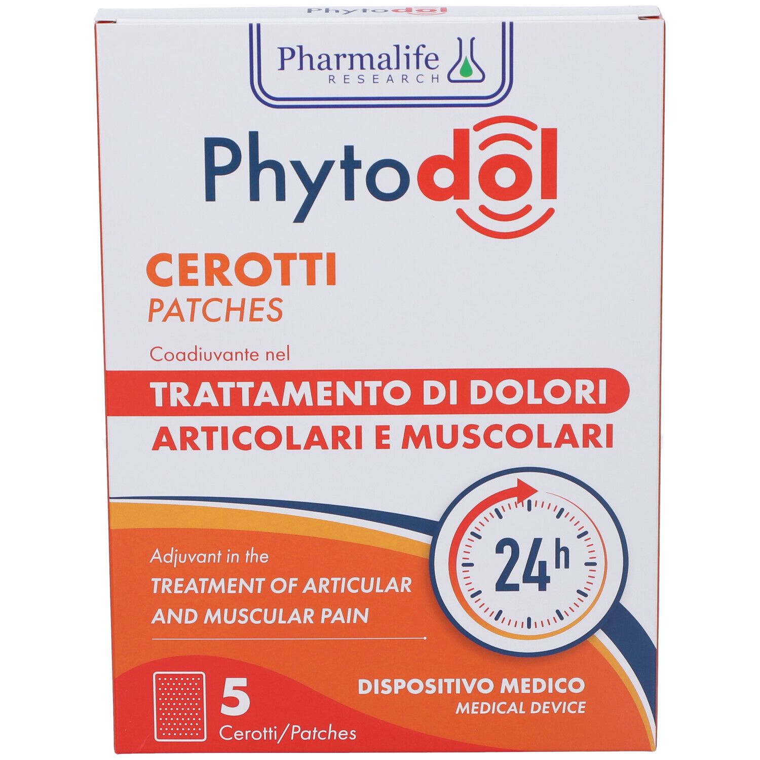 Confezione di cerotti PHYTODOL CEROTTI. Scritta: Trattamento dolori articolari e muscolari. 5 cerotti, 24h.