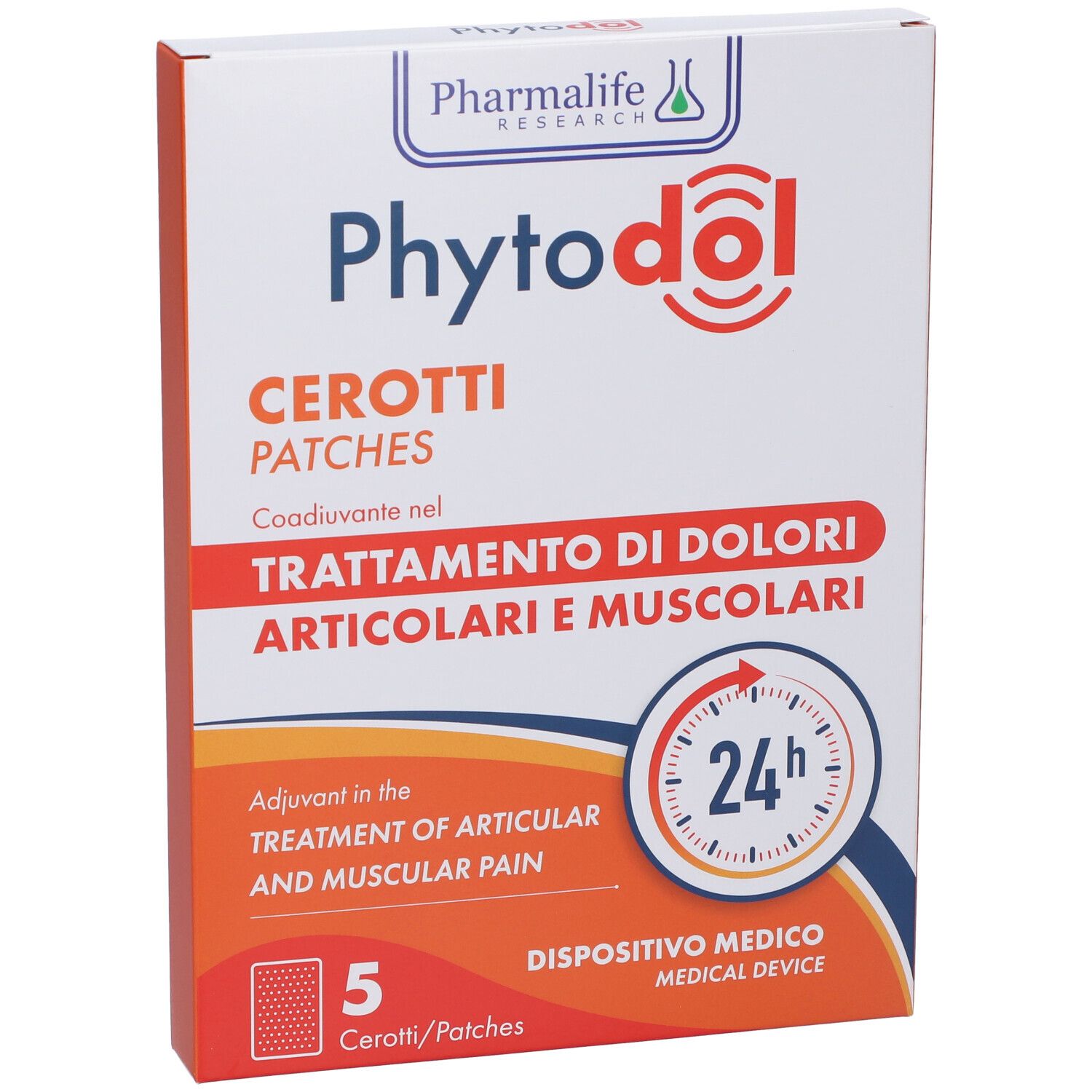Confezione di cerotti PHYTODOL CEROTTI. Scritta: Trattamento dolori articolari e muscolari. 5 cerotti, 24h.