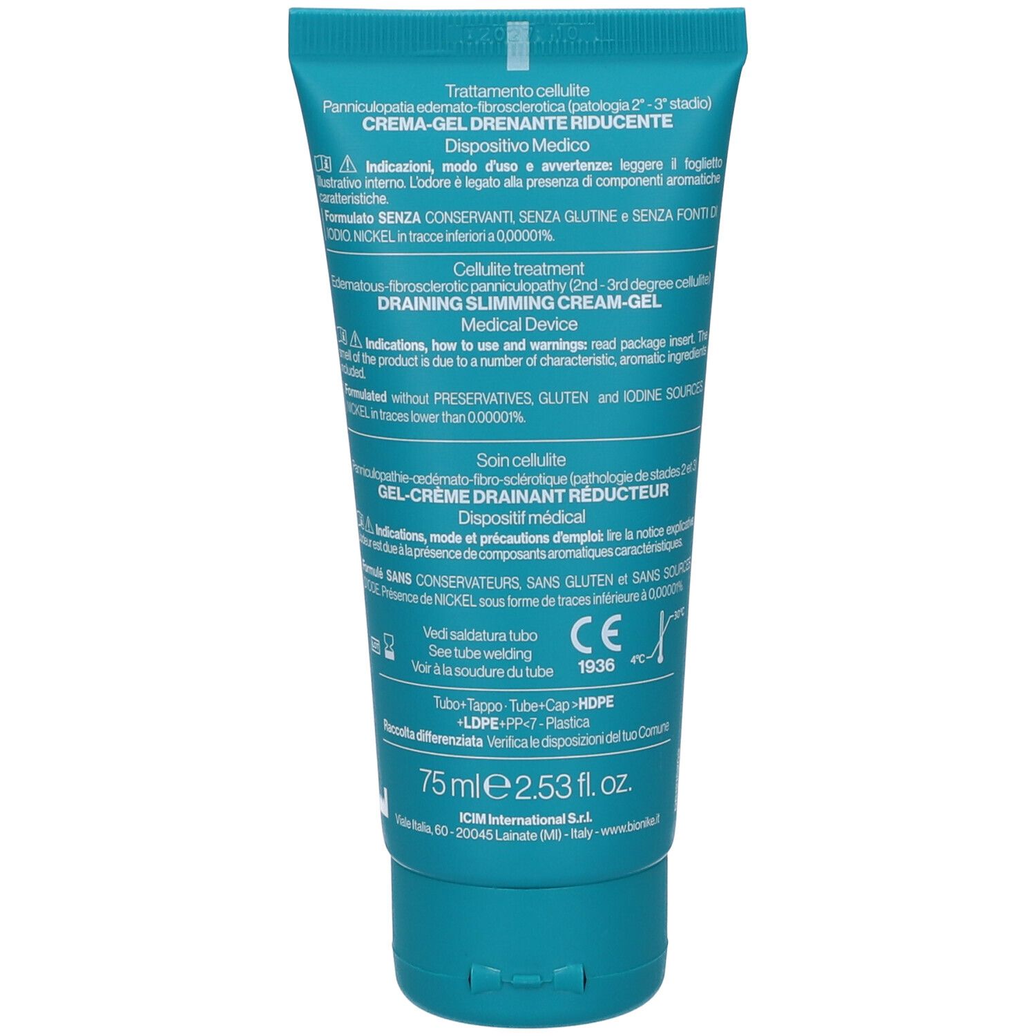 Retro del tubo turchese. Testo: Crema-Gel drenante riducente, 75 ml, ingredienti, marchio CE.