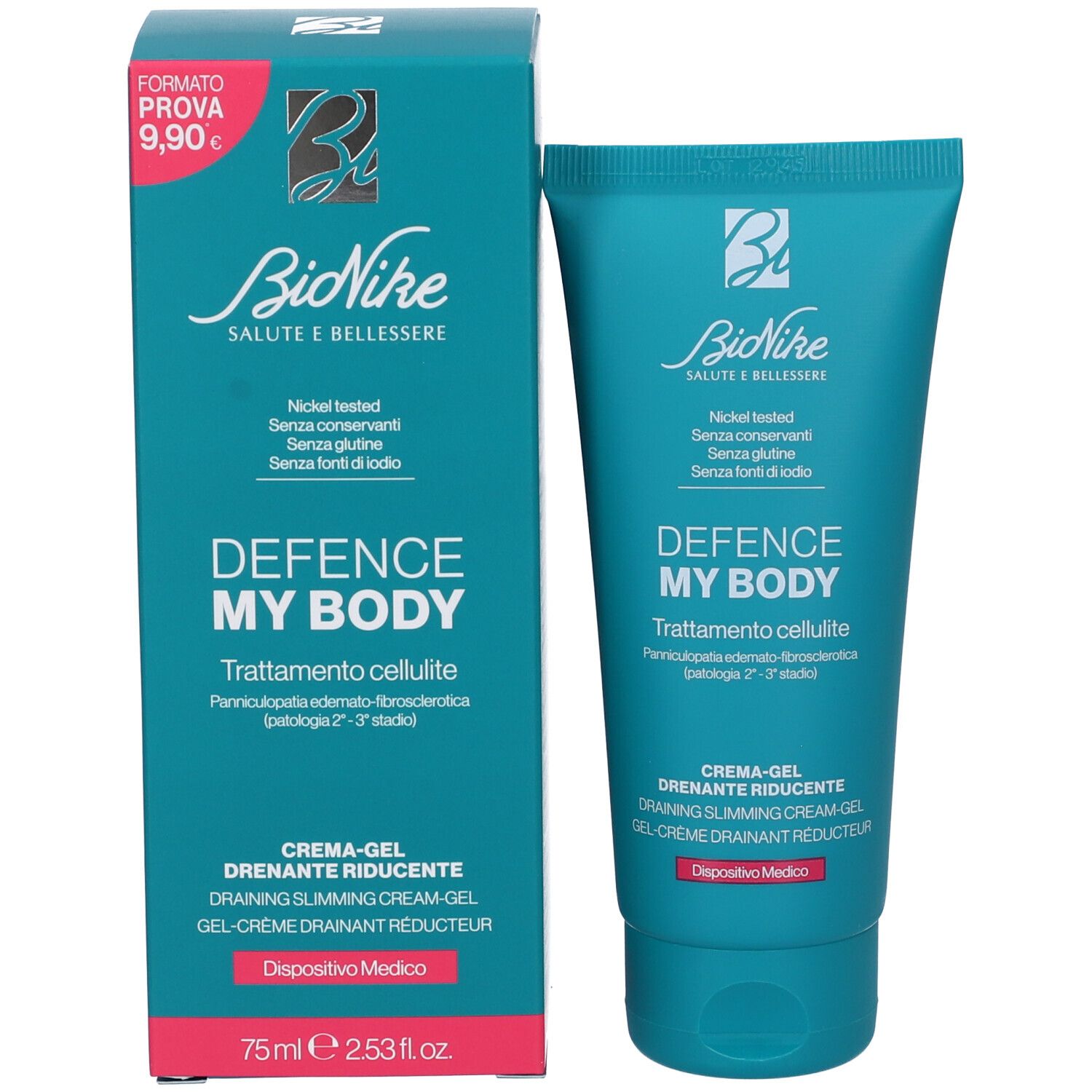 Confezione del prodotto: tubo e scatola. Turchese, con nome del prodotto e marchio. Testo: Defence My Body, 75 ml.