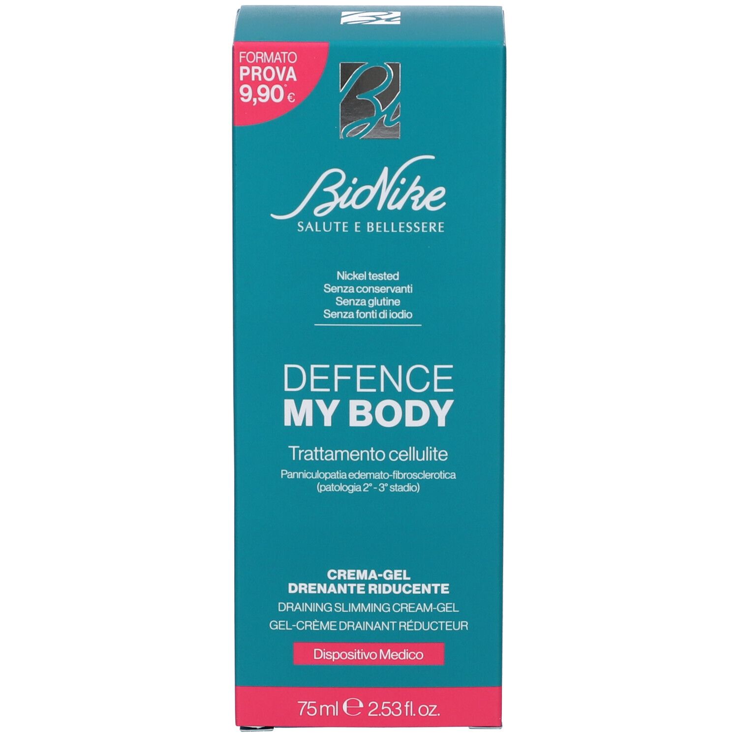 Scatola turchese con nome del prodotto e marchio. Testo: Defence My Body, 75 ml, Nickel tested.