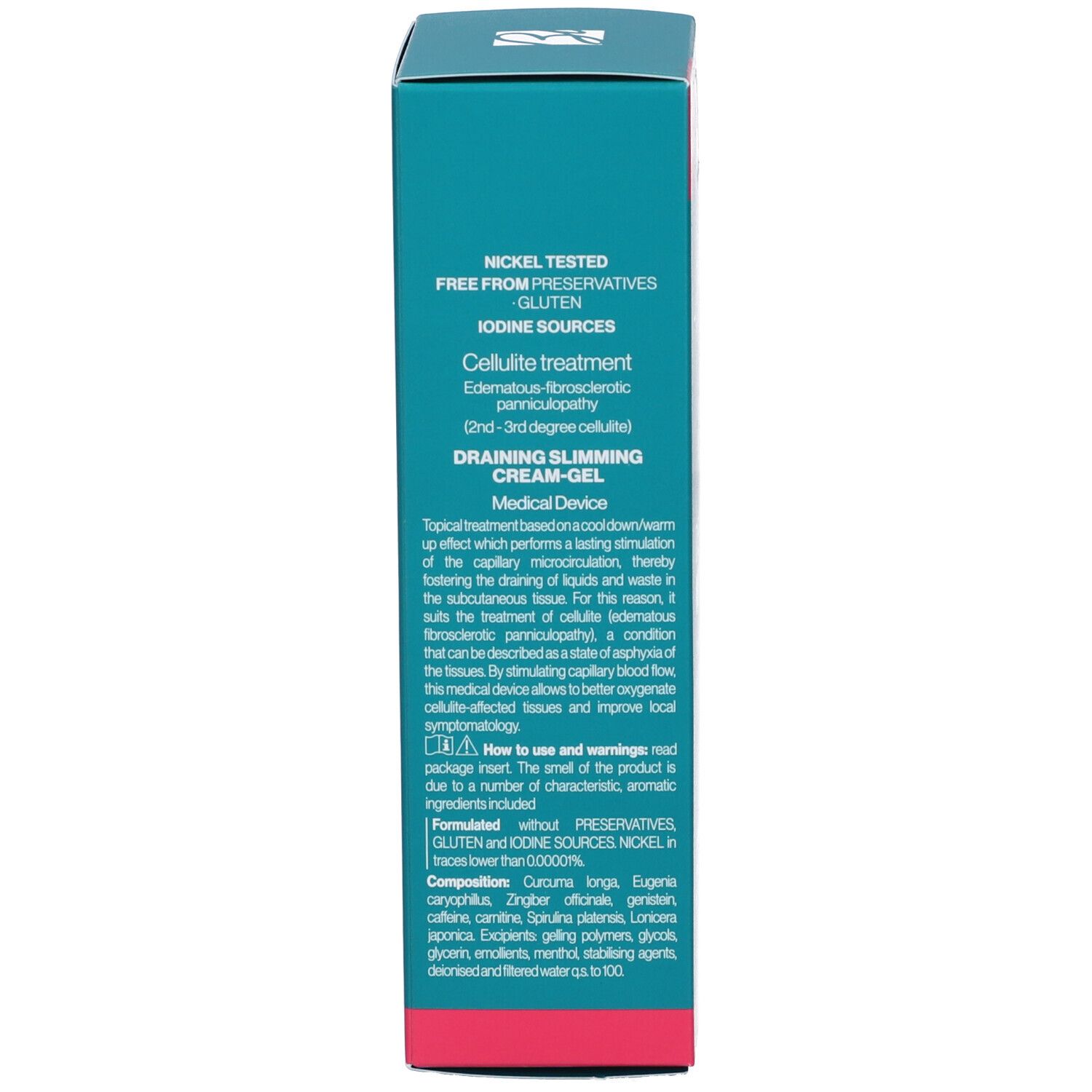 Lato della scatola turchese. Testo: Cellulite treatment, Draining Slimming Cream-Gel, ingredienti.