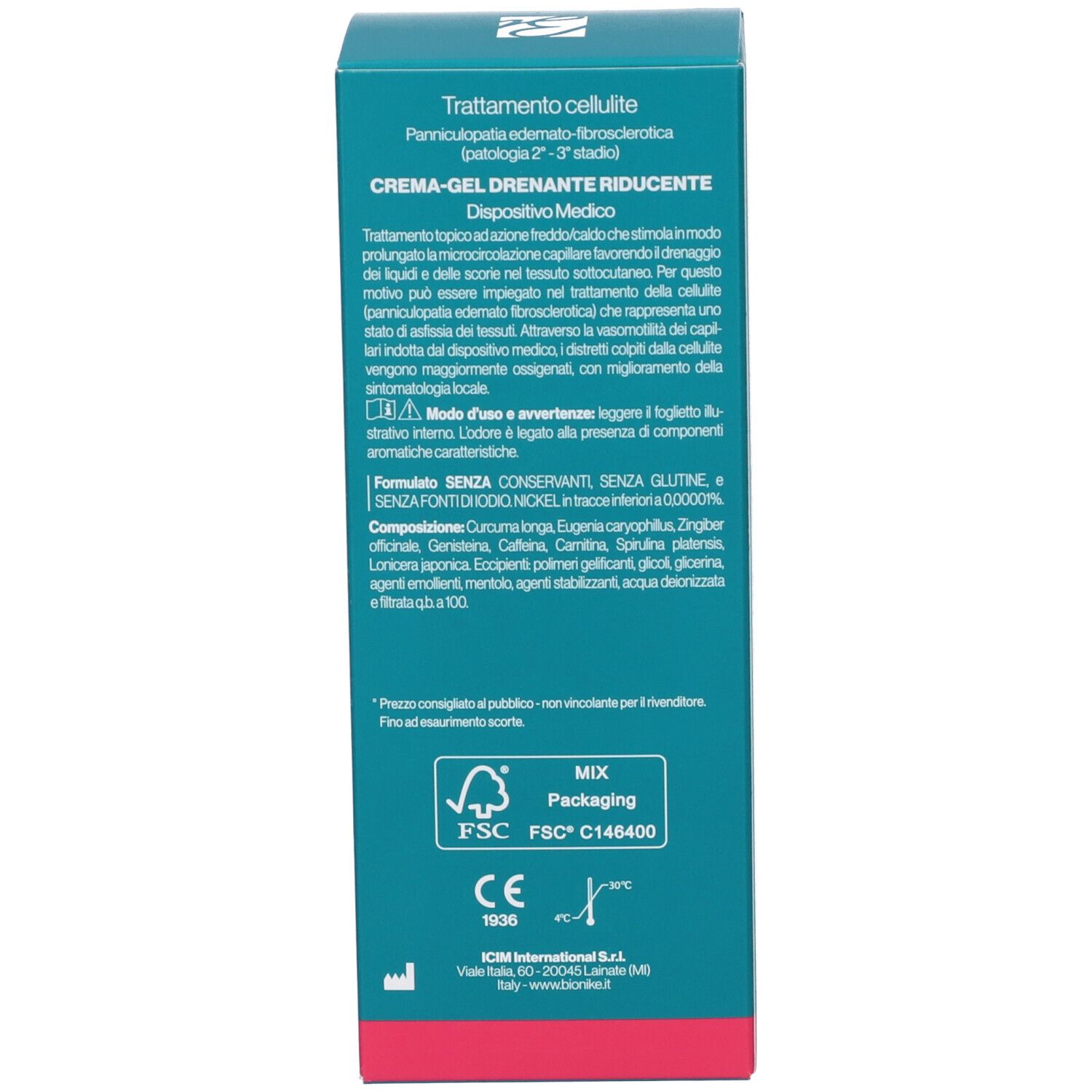 Lato della scatola turchese. Testo: Cellulite treatment, Draining Slimming Cream-Gel, ingredienti, CE.