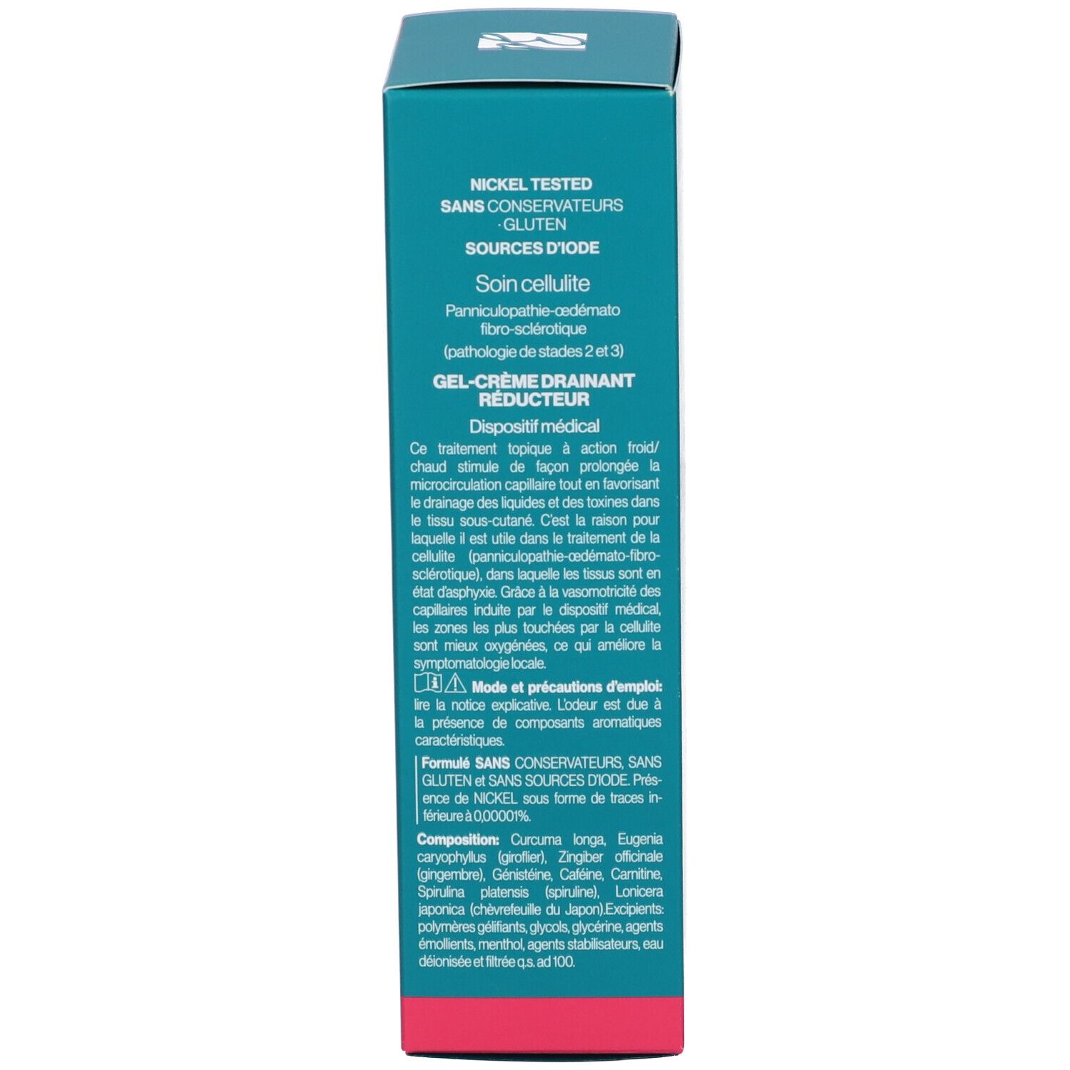 Lato della scatola turchese. Testo: Gel-Crème drainant réducteur, ingredienti, Nickel tested.