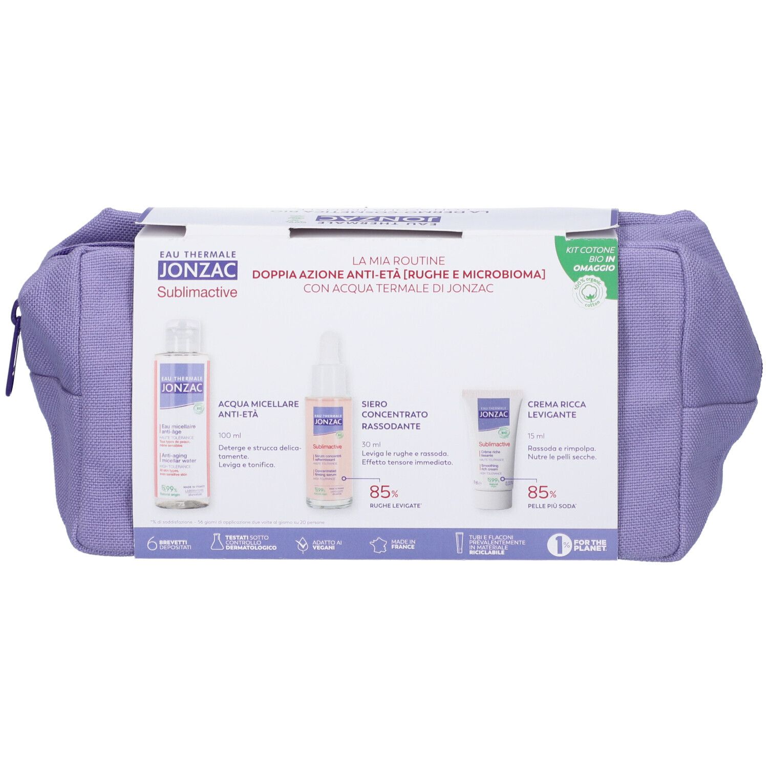 Beauty case lilla con confezione JONZAC. Contiene acqua micellare, siero e crema. Stampe con informazioni sul prodotto.